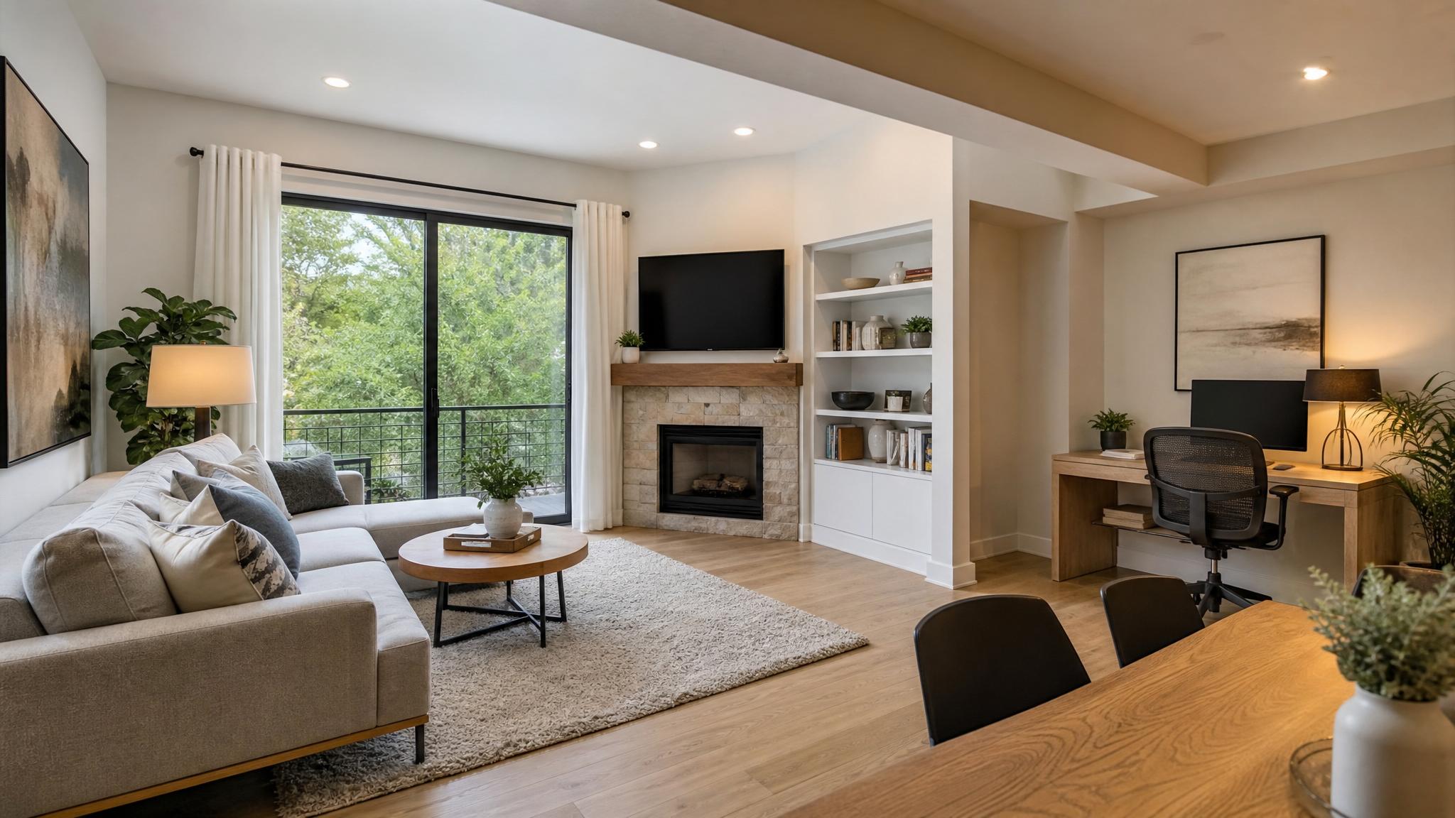 A multifunctional open-plan living room with a sectional sofa and a workspace.