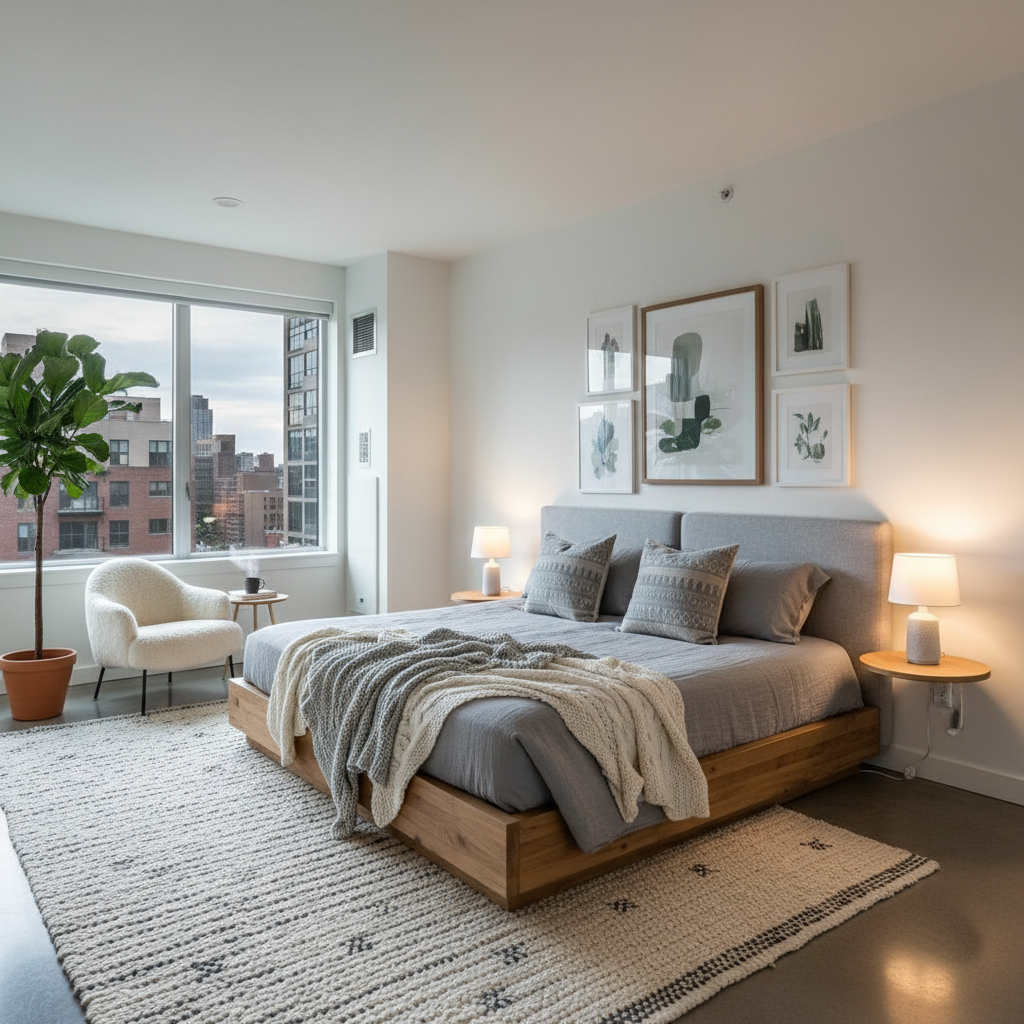 Beautiful Nordic-inspired master bedroom in a studio apartment