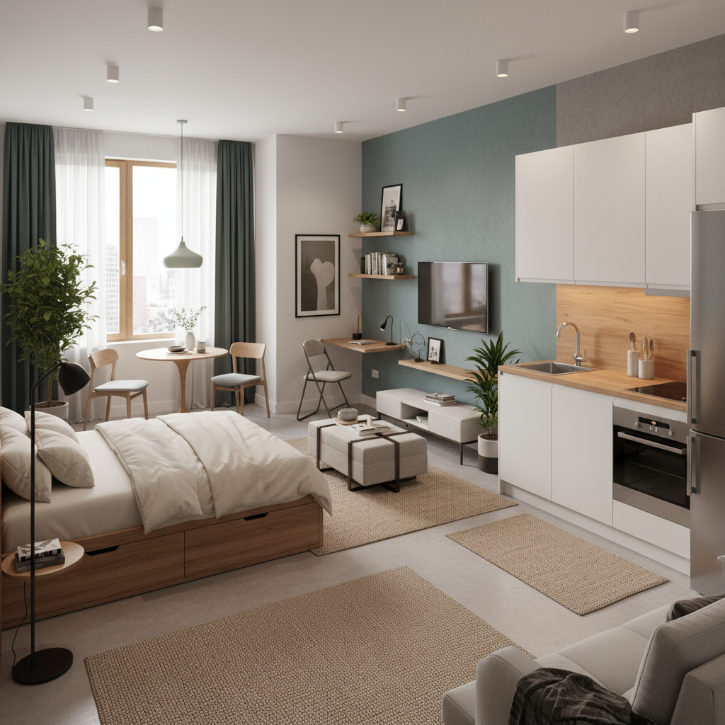 Layout inspiration for maximizing space in a studio apartment