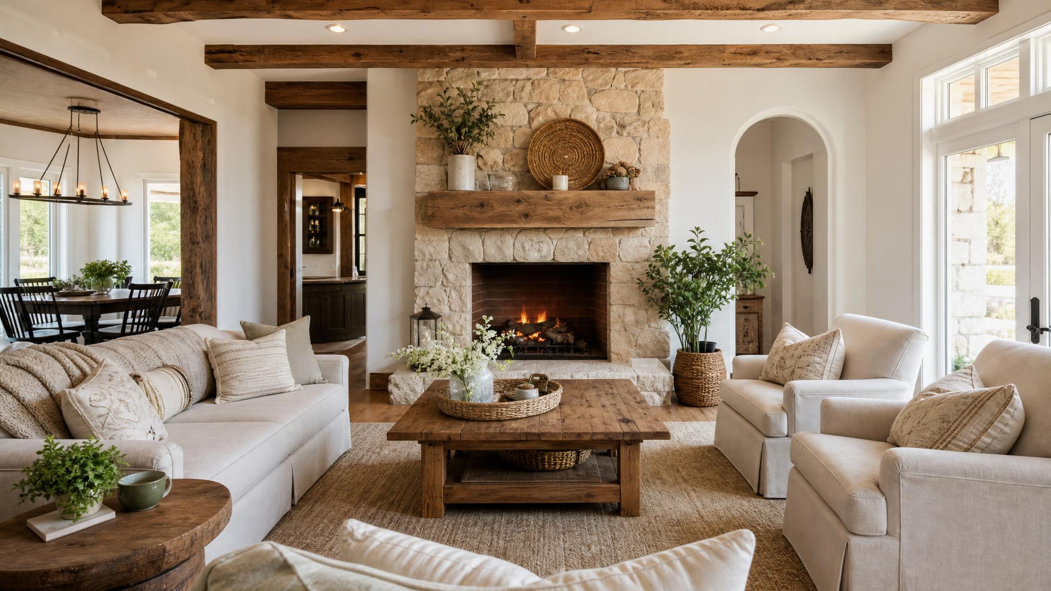 A cozy farmhouse living room setup with comfortable seating and rustic decor elements.