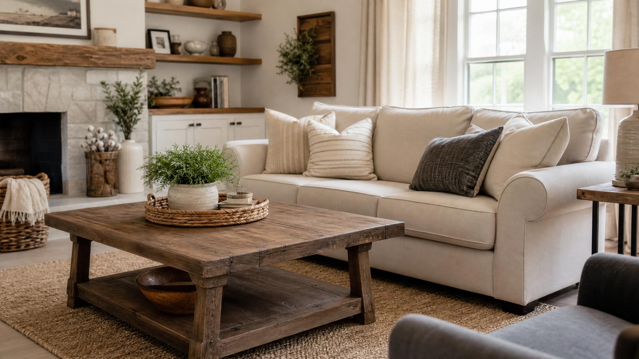 A design layout showing a wooden coffee table and a comfortable sofa in a farmhouse-style living room.