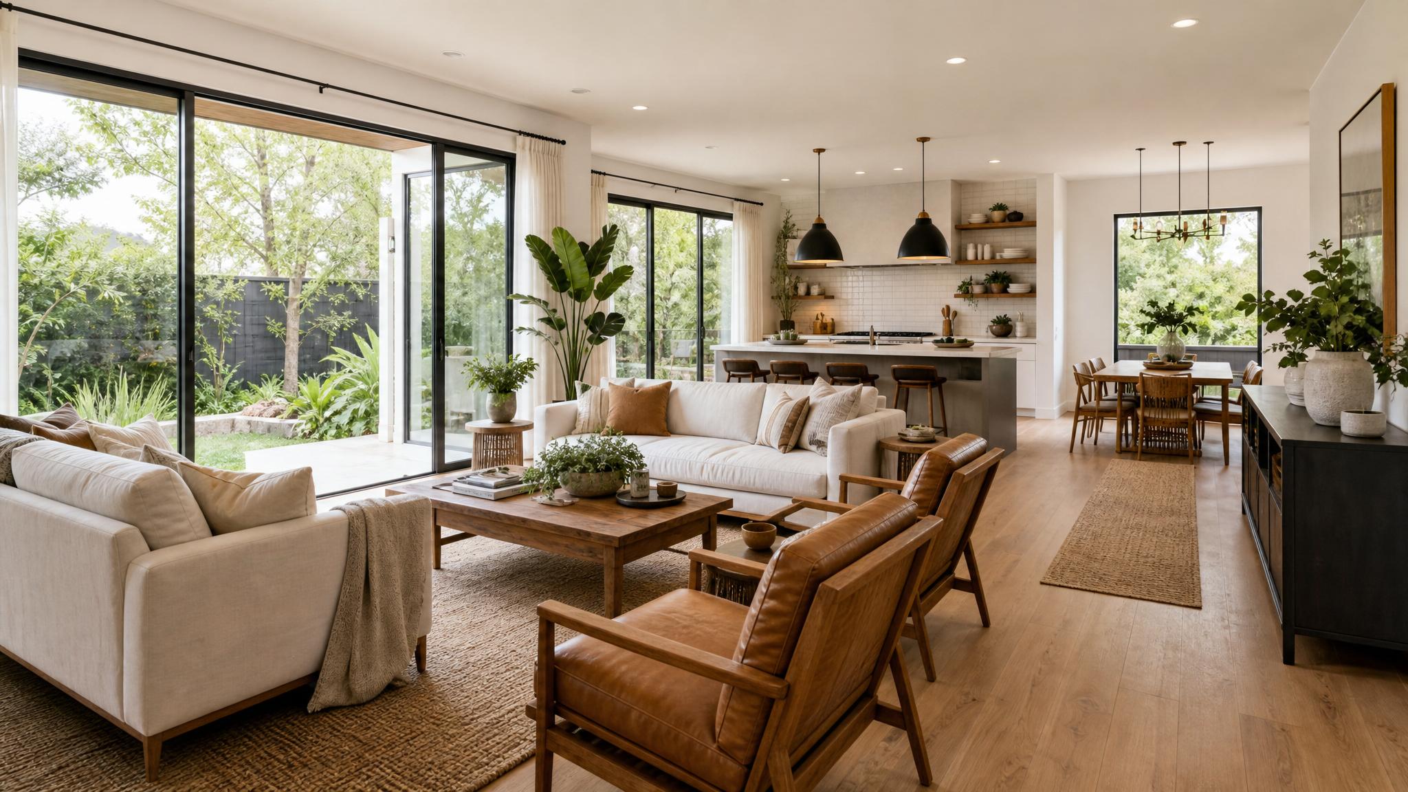 A modern open-plan living room with abundant greenery and natural light.