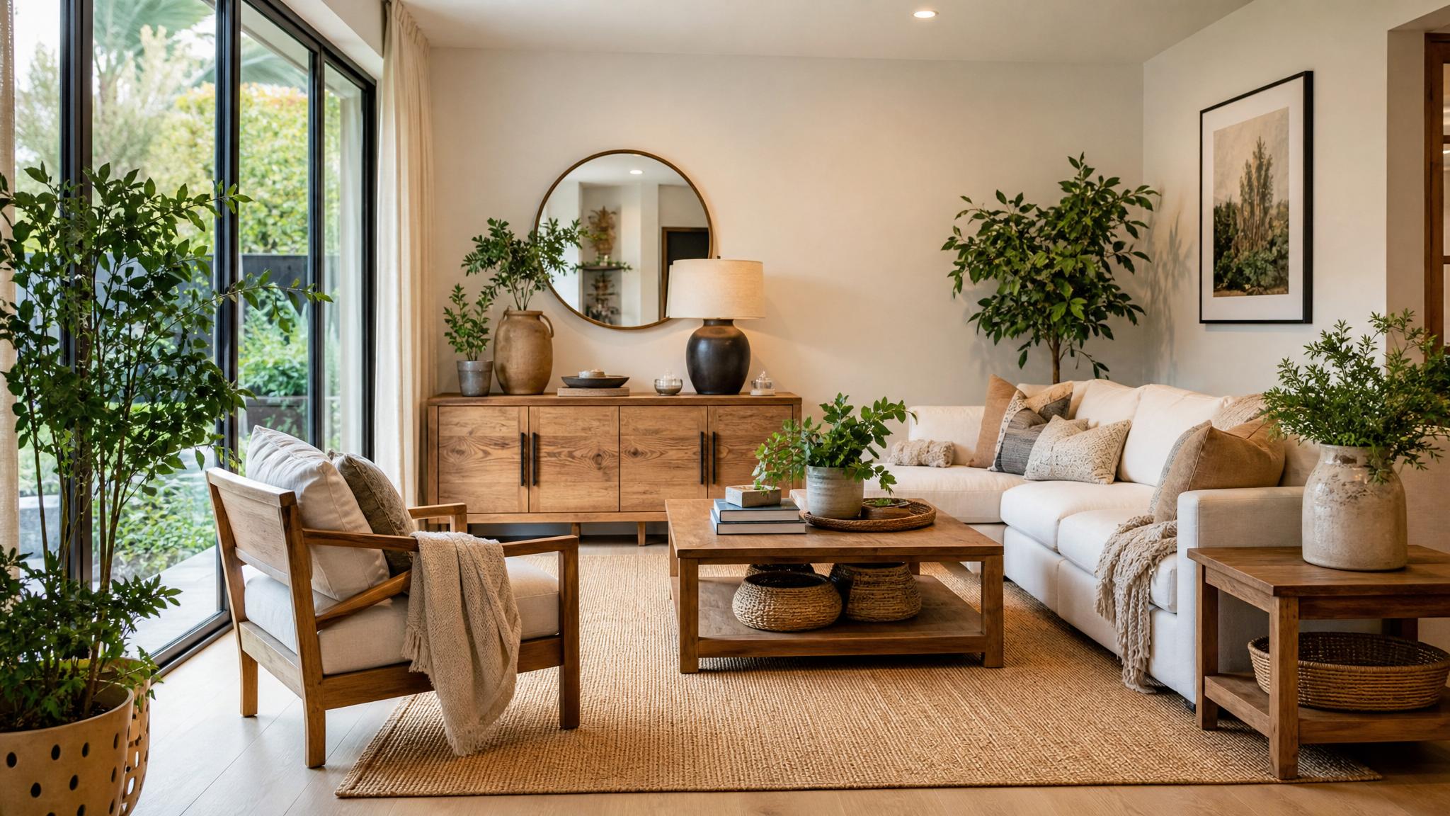 A cozy living room with natural wood furniture and plenty of plants.