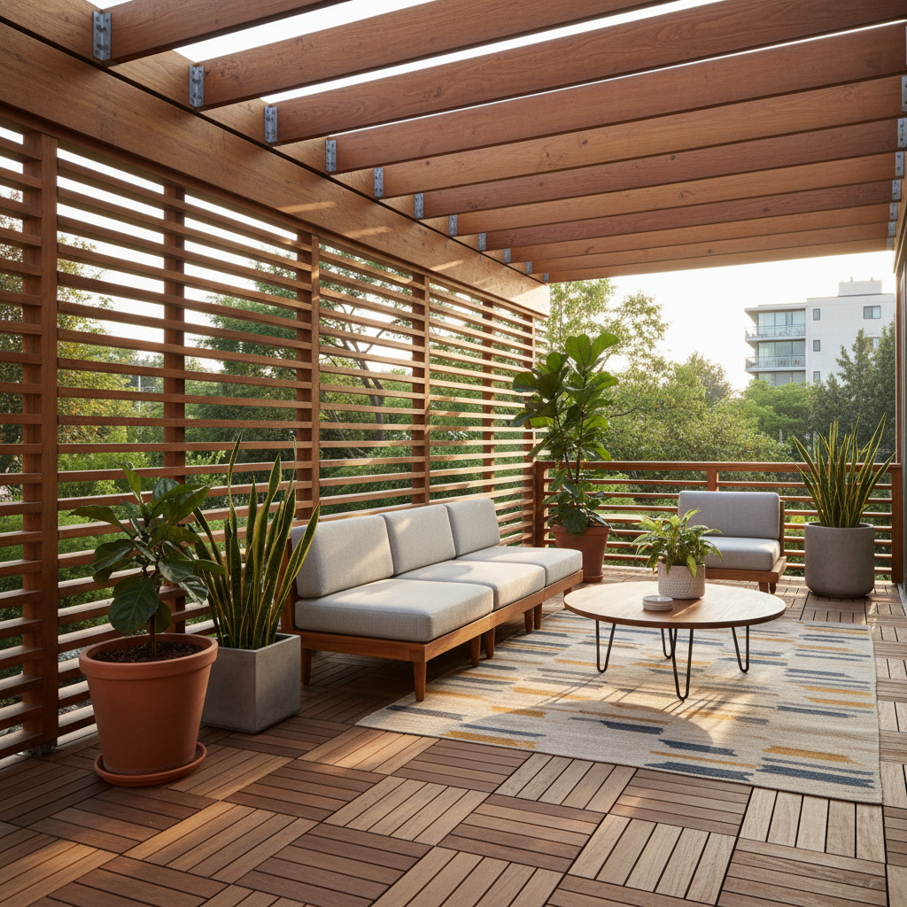 Image of a mid-century modern terrace with wooden elements and natural light.