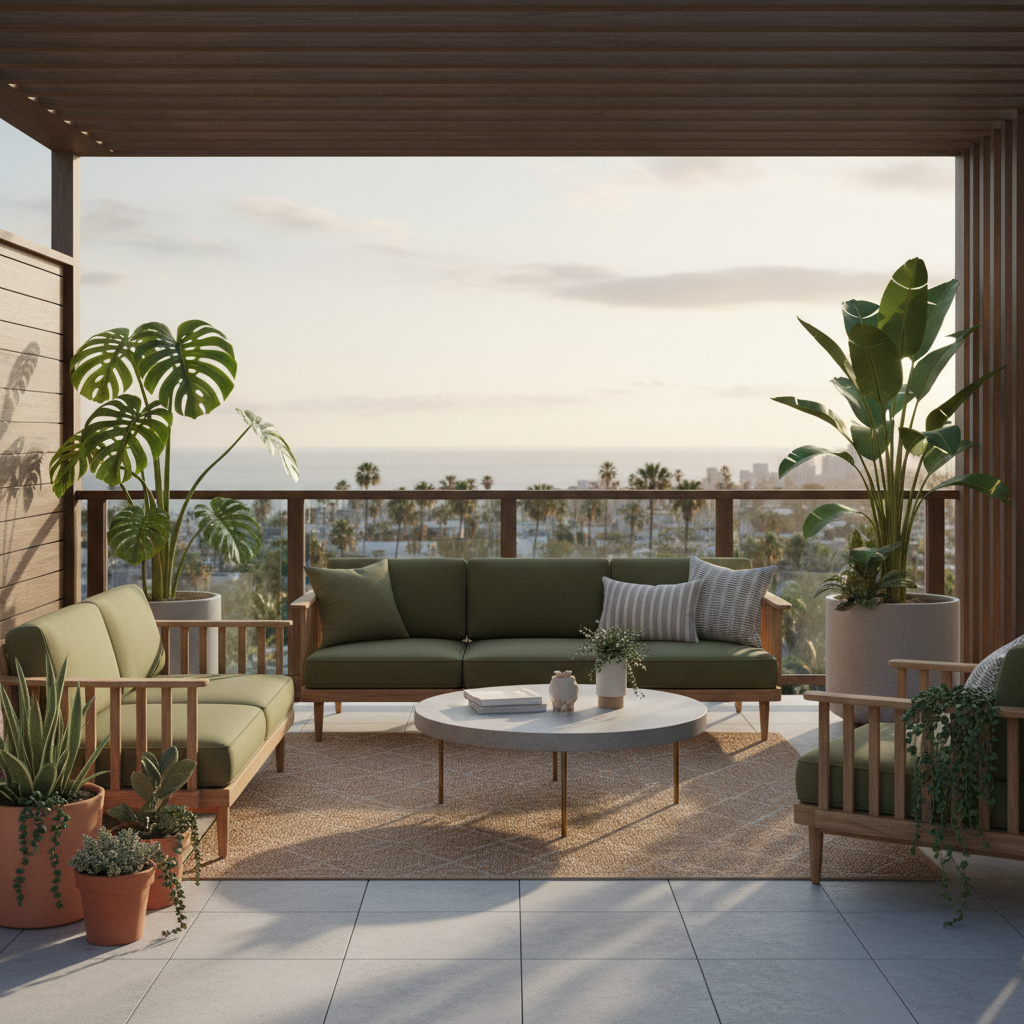 Image showcasing the essential furniture and plants for a mid-century modern terrace.