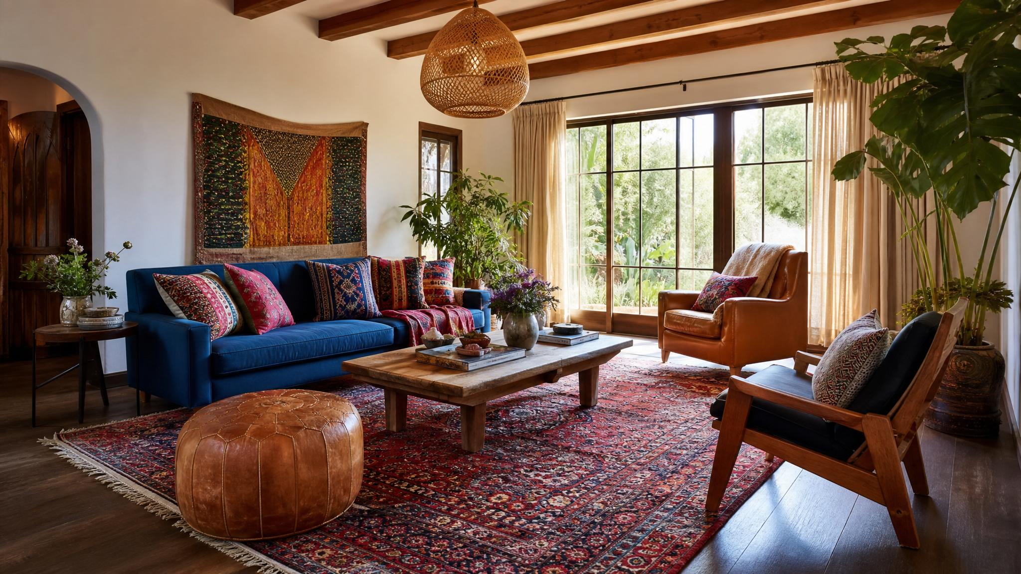 A bohemian living room design showcasing vibrant colors and eclectic decor.