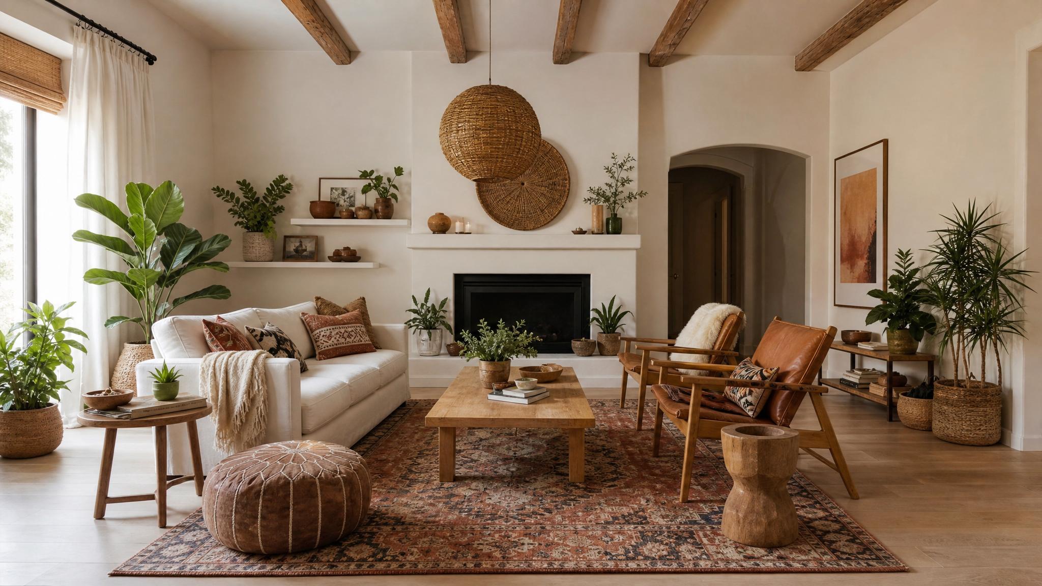 A layout suggestion for the bohemian living room, showing furniture arrangement and decor.