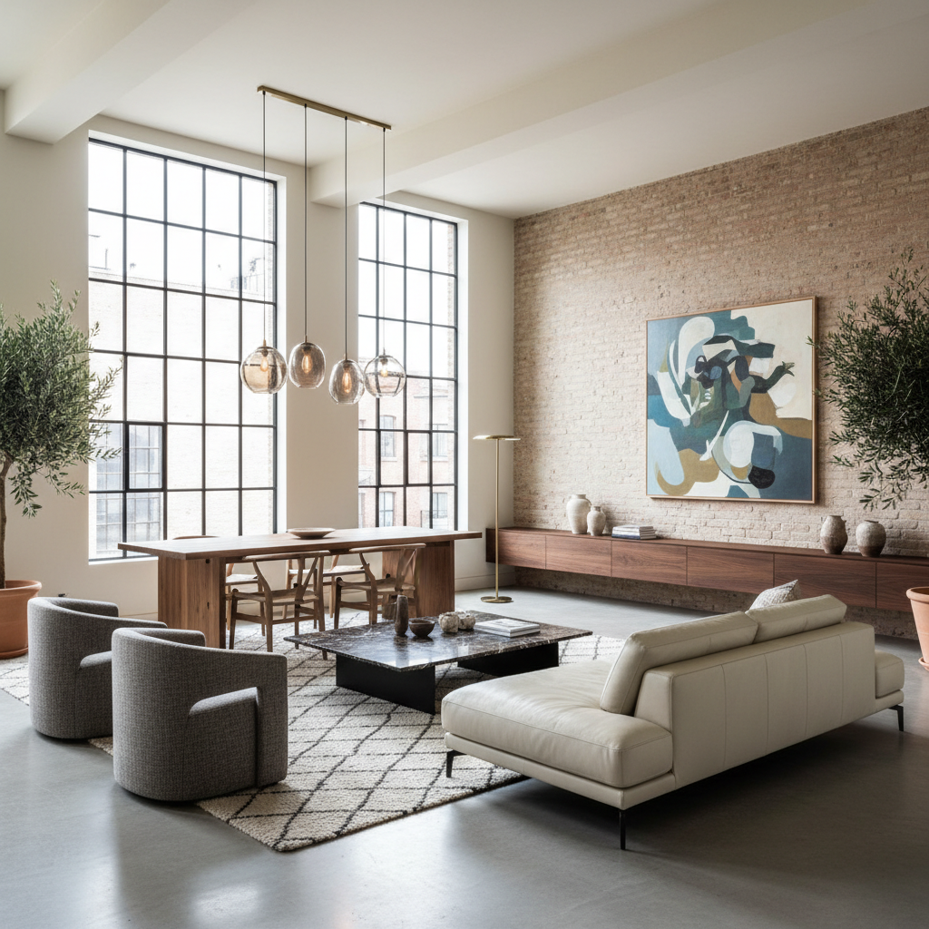 Image of key design elements found in Italian modern lofts such as furniture arrangement and materials.