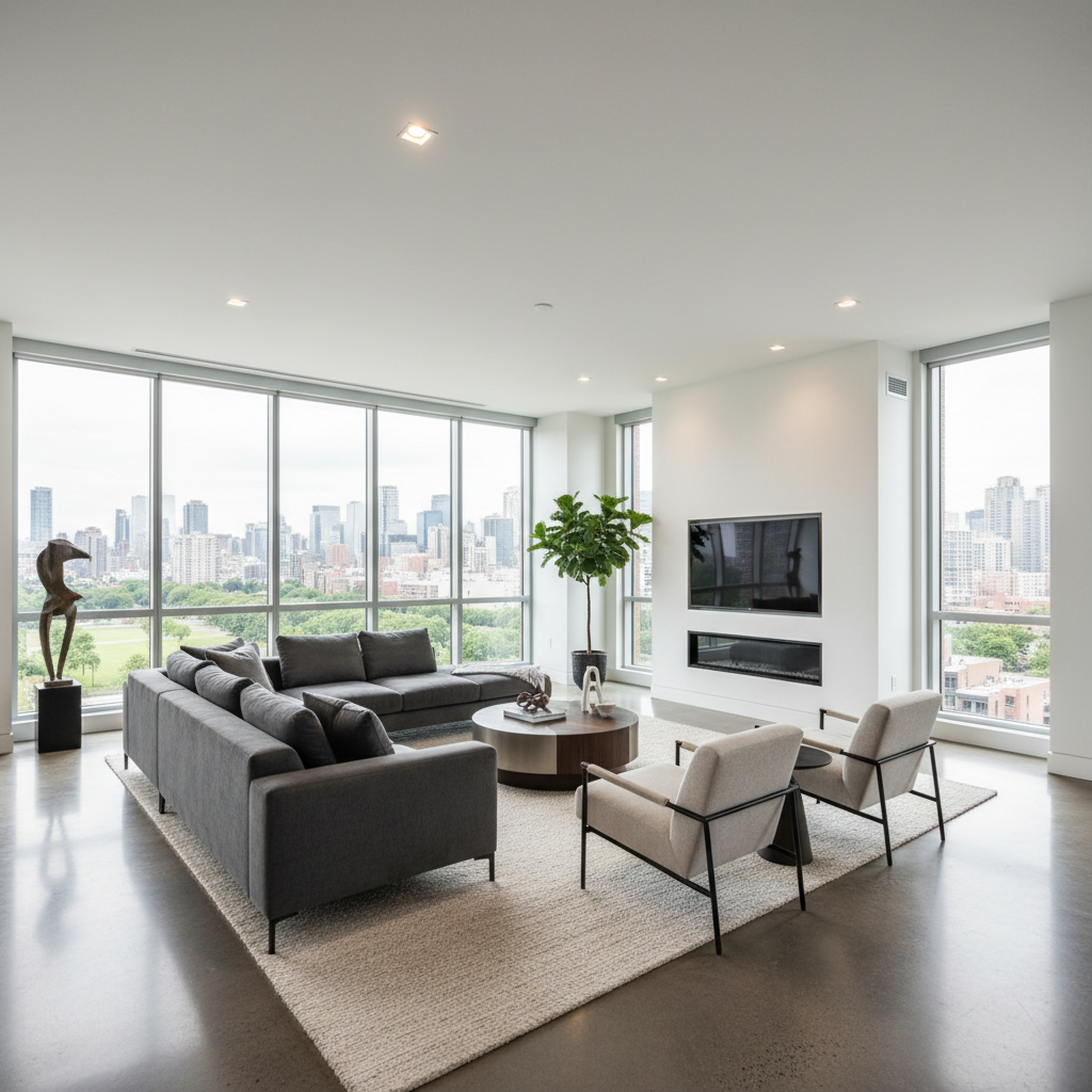 A sleek and modern contemporary living room, showcasing an open layout with minimalist furniture.