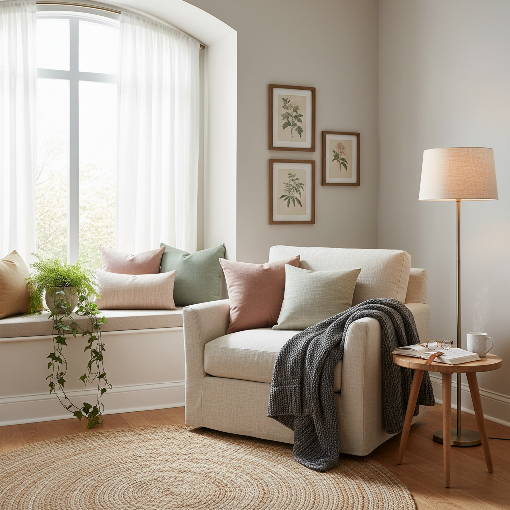 A well-staged reading nook with natural light, plush cushions, and inviting decor.