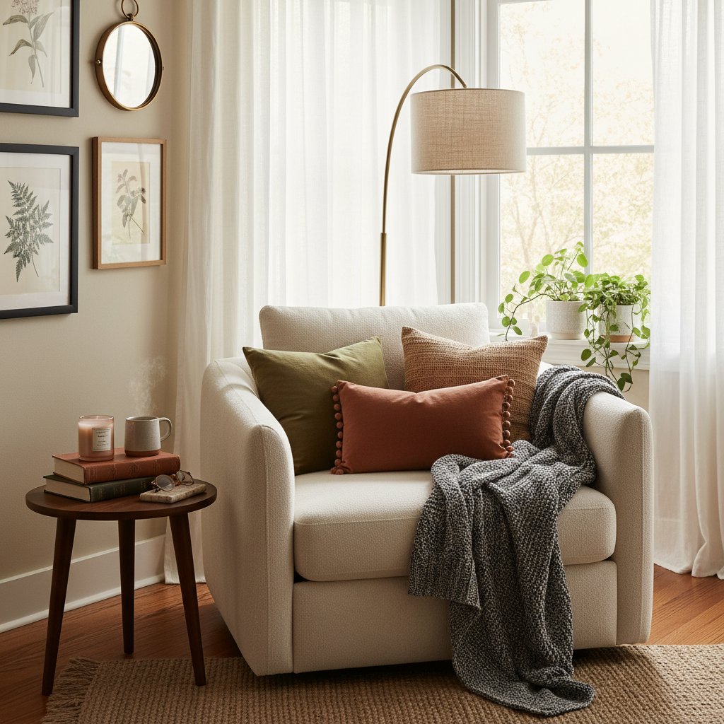 Cozy reading nook with a comfy chair, pillows, and decorative accessories.