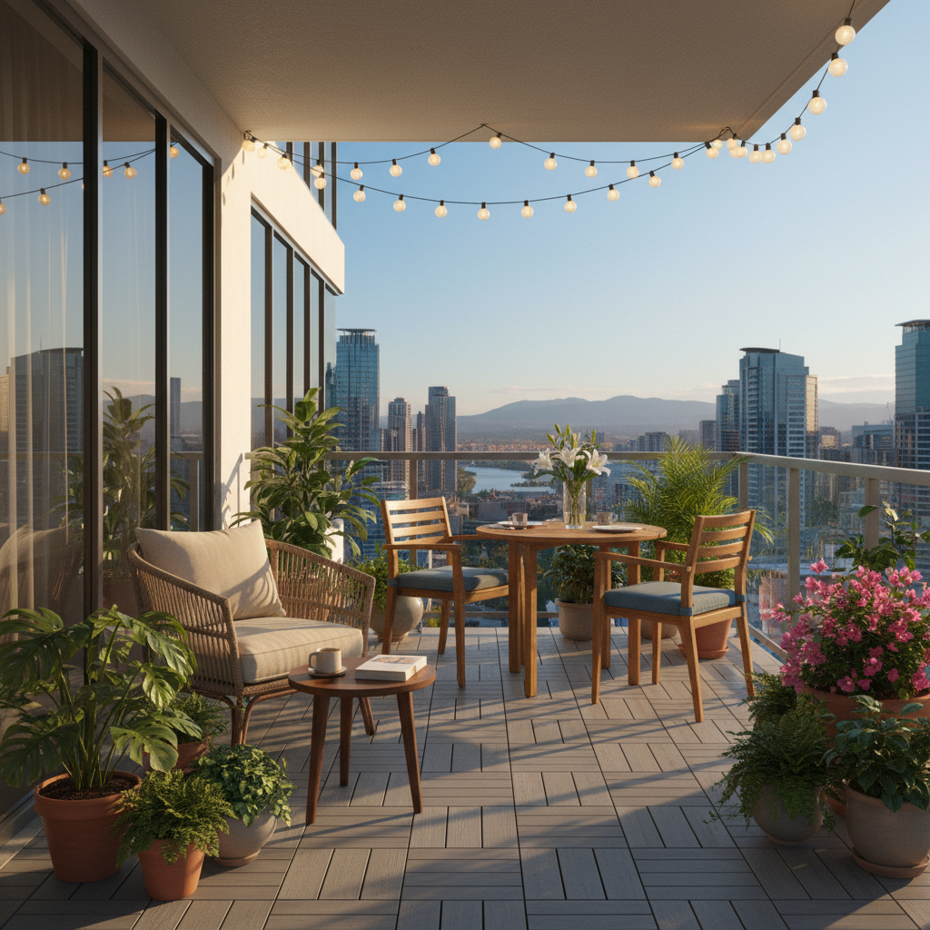Beautifully staged balcony with plants and furniture