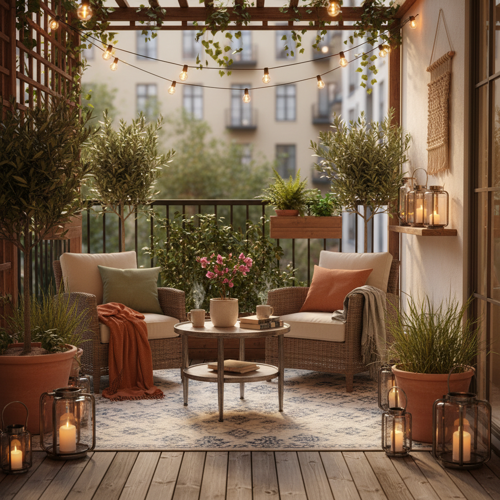 Cozy balcony setup with furniture and decor