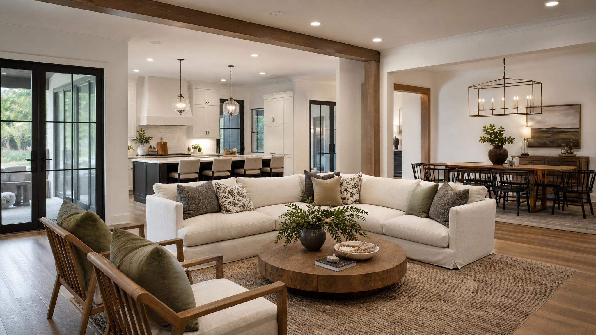 Image of a staged open-plan living room with distinct areas.