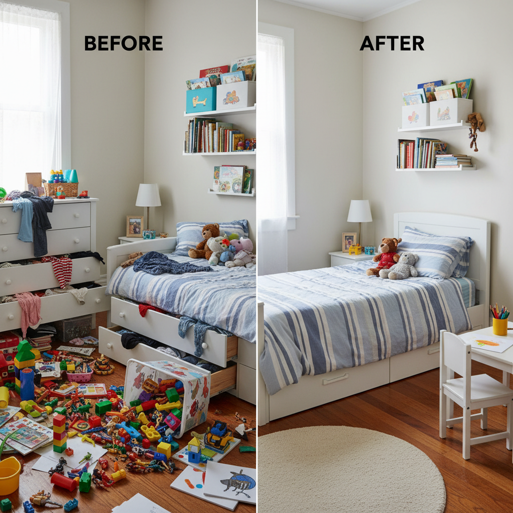 A before and after photo of a decluttered kids' bedroom, showcasing a clean and organized space.