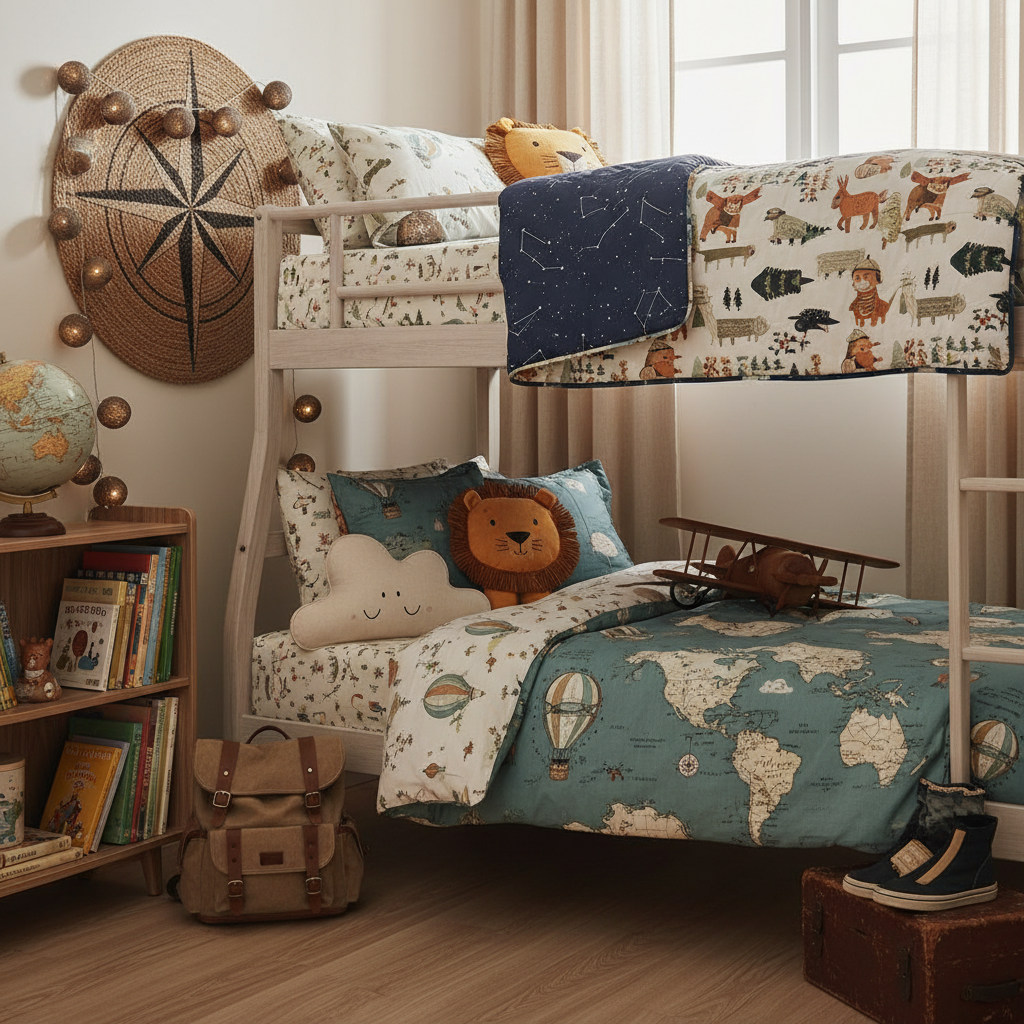 Detail shot of a themed kids' bedroom with interesting bedding and decorations.