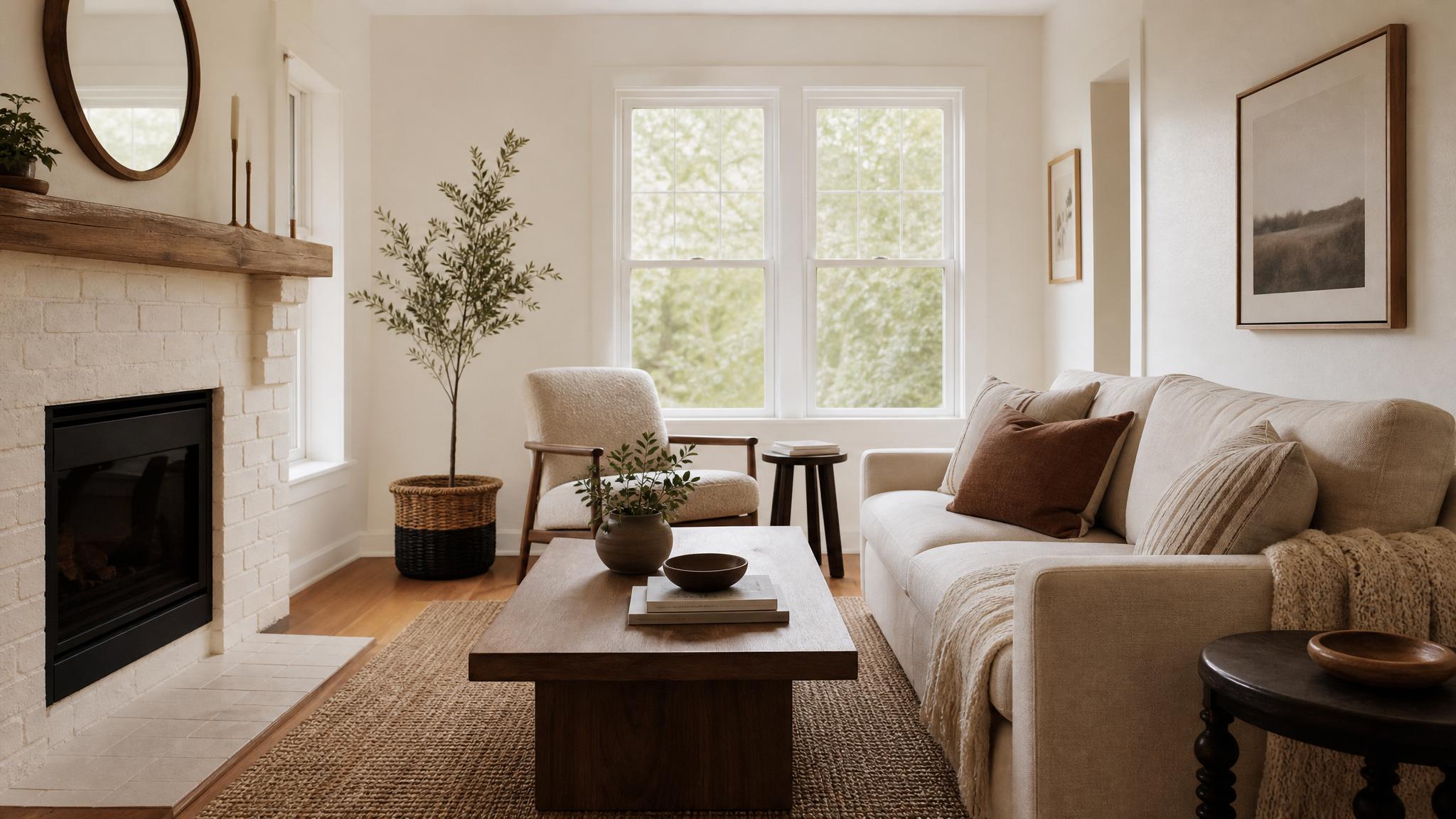 Elegant small living room embodying warm minimalism styles.