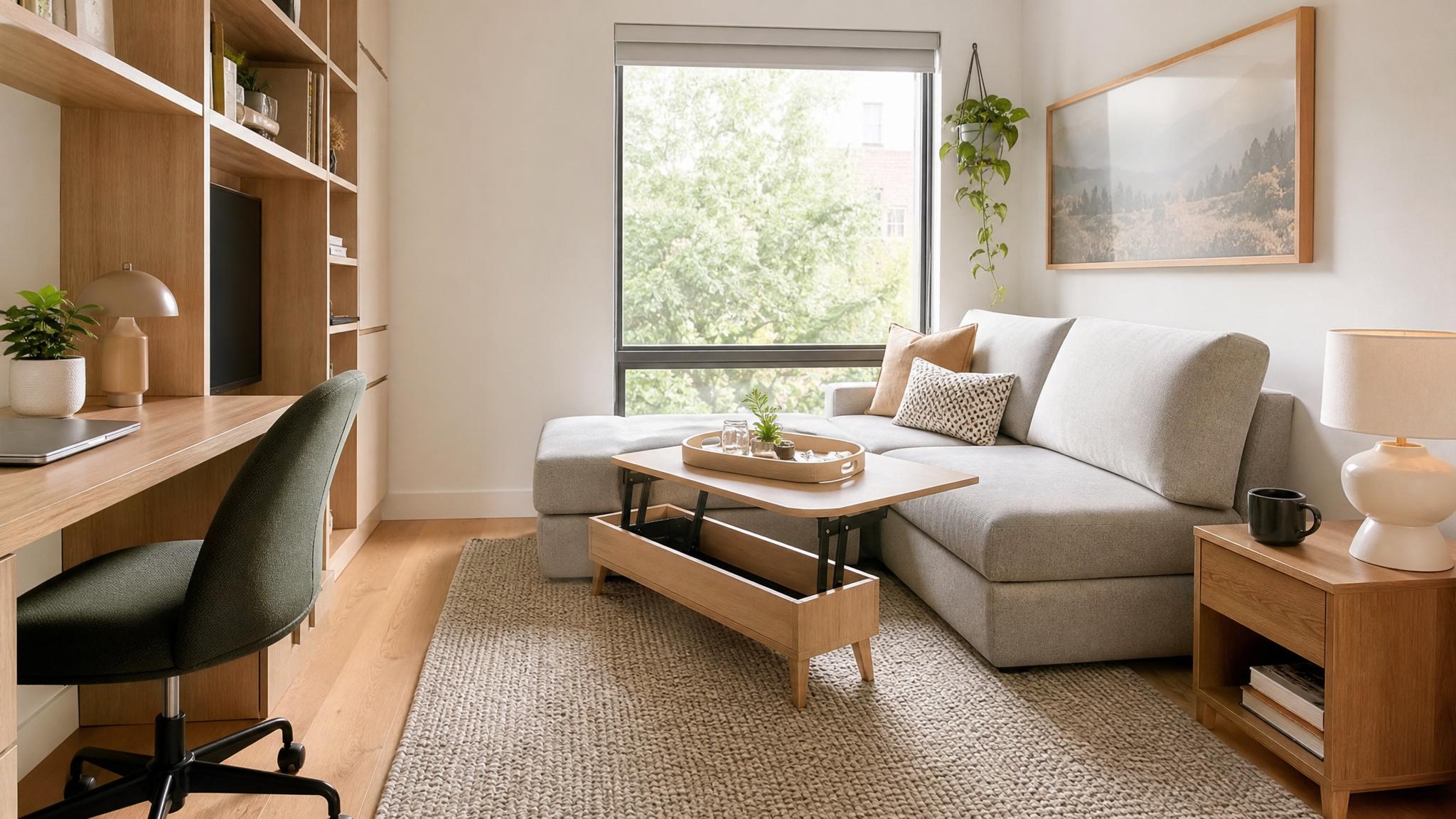 Small living room with functional multipurpose furniture.