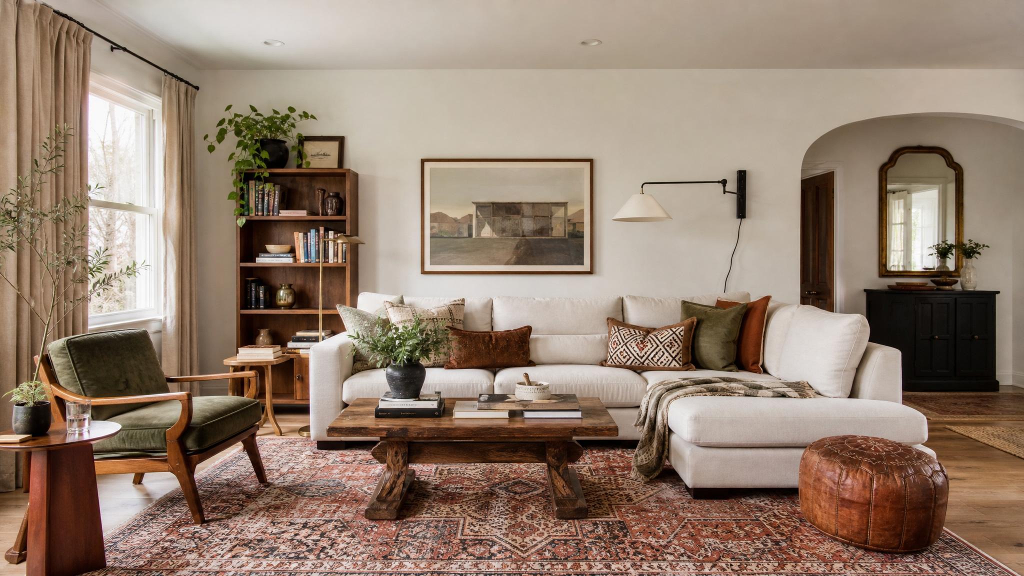 A cozy eclectic living room featuring a mix of vintage and modern furniture styles.