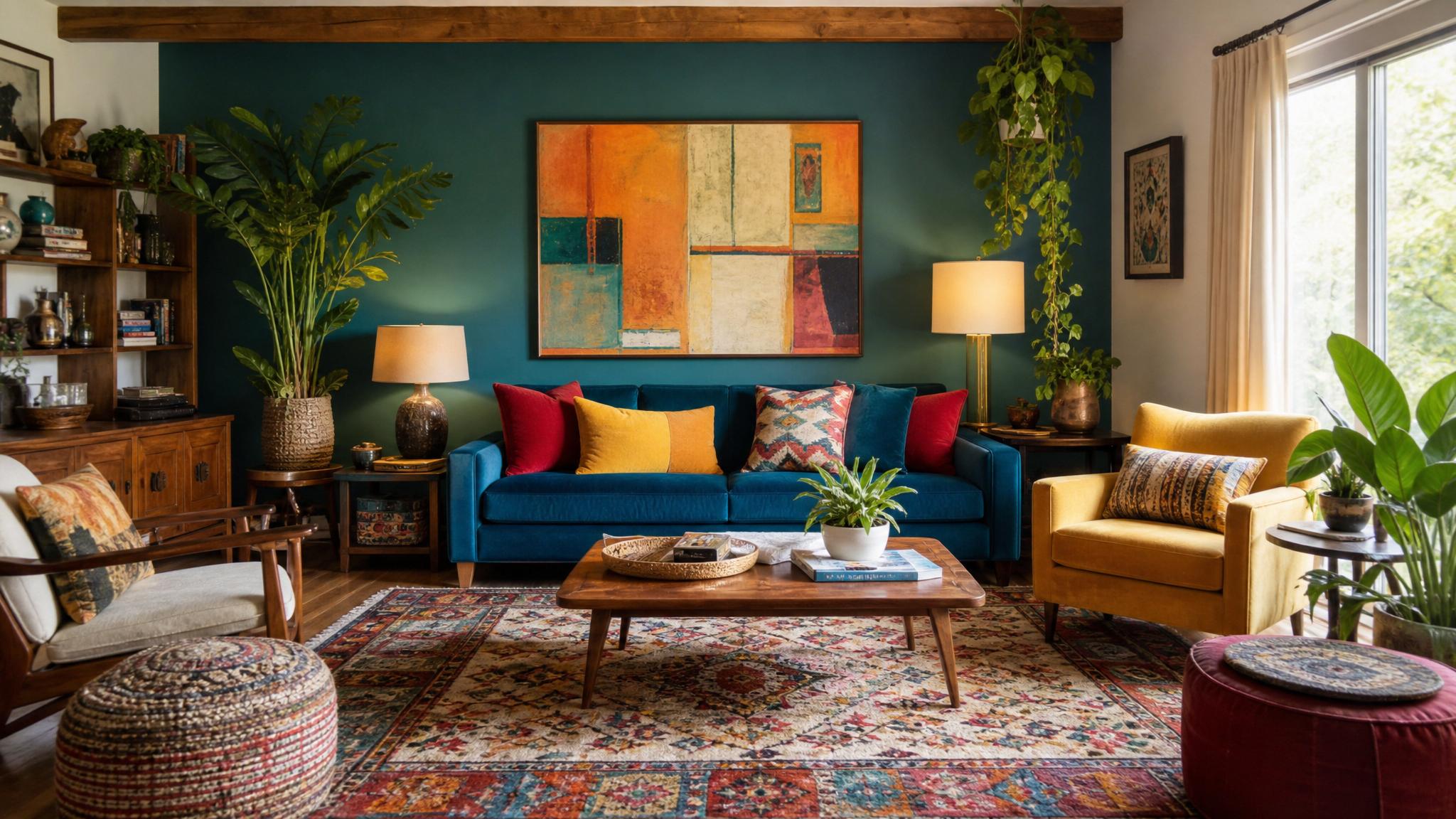 A vibrant eclectic living room showcasing a colorful sofa and patterned rugs.