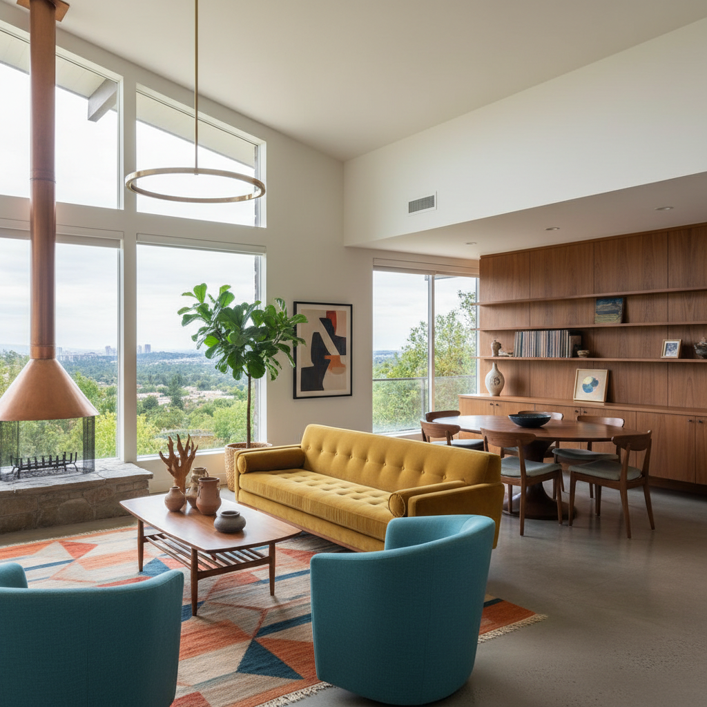 Mid-century modern living room with open-plan design, showcasing characteristic furniture and decor.