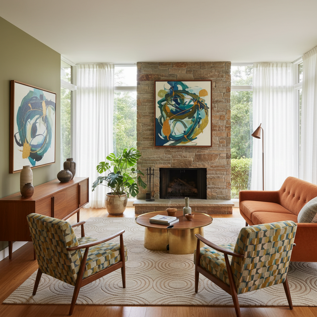 Example of an AI-generated mid-century modern living room design.