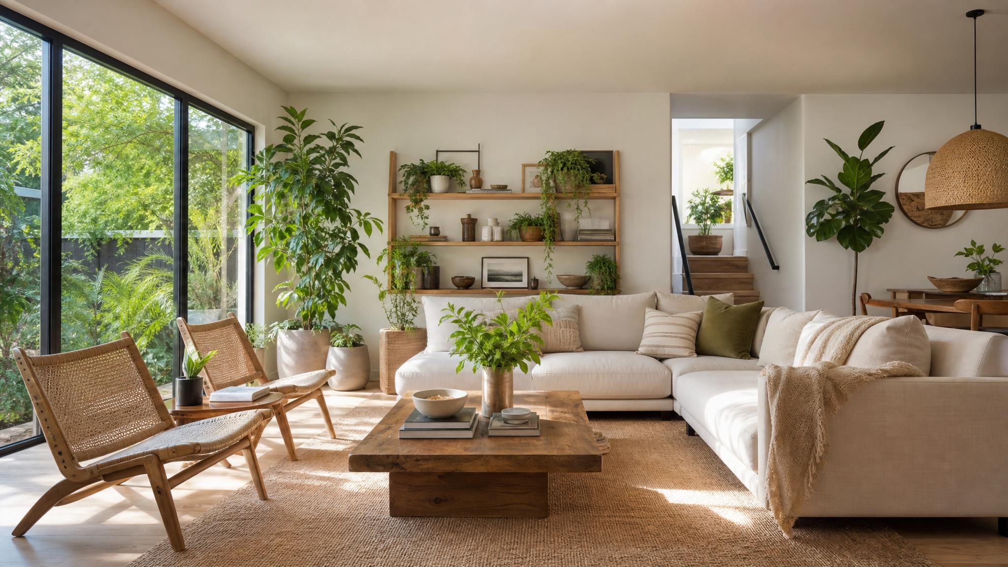 Beautiful biophilic living room featuring plants and natural light