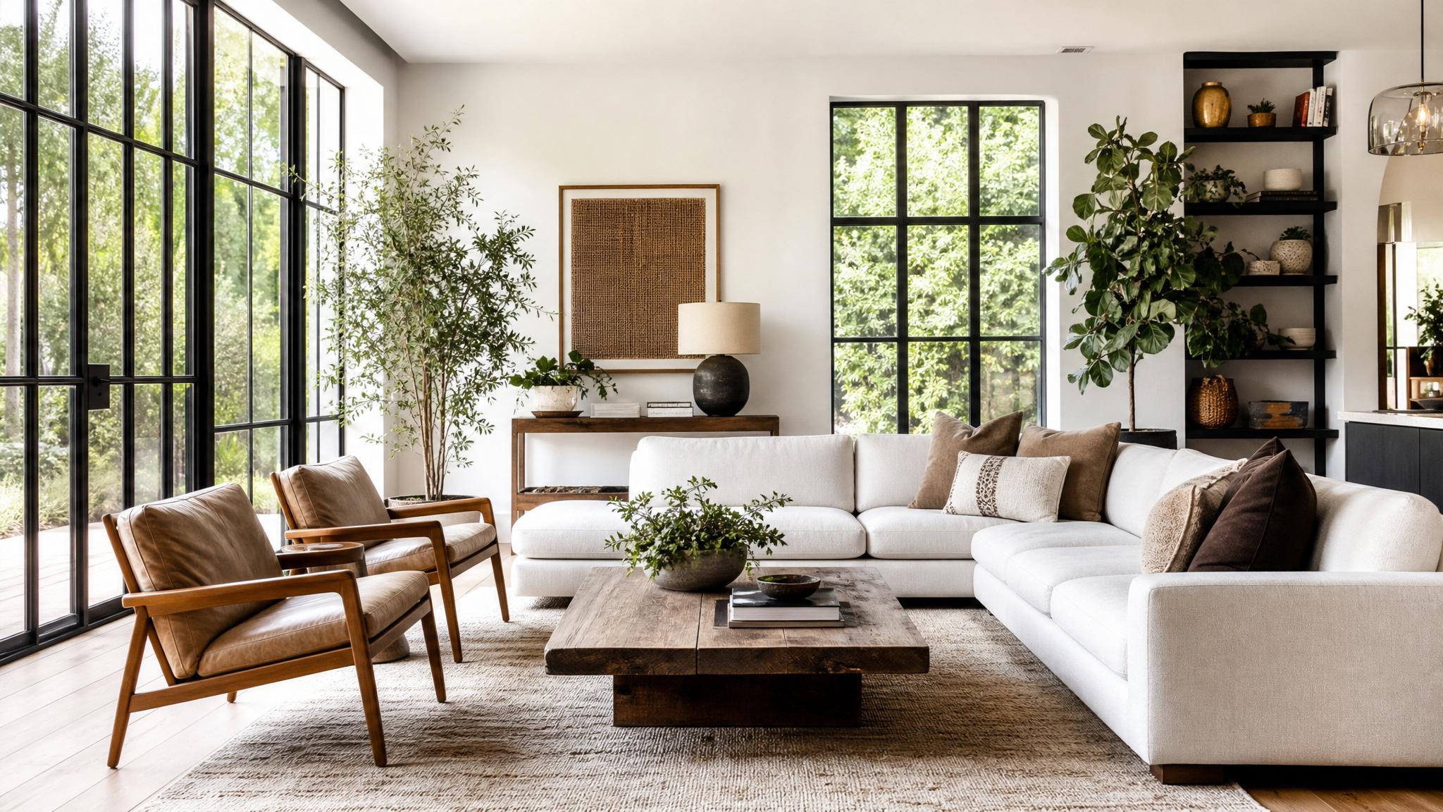 Living room with large windows and plants