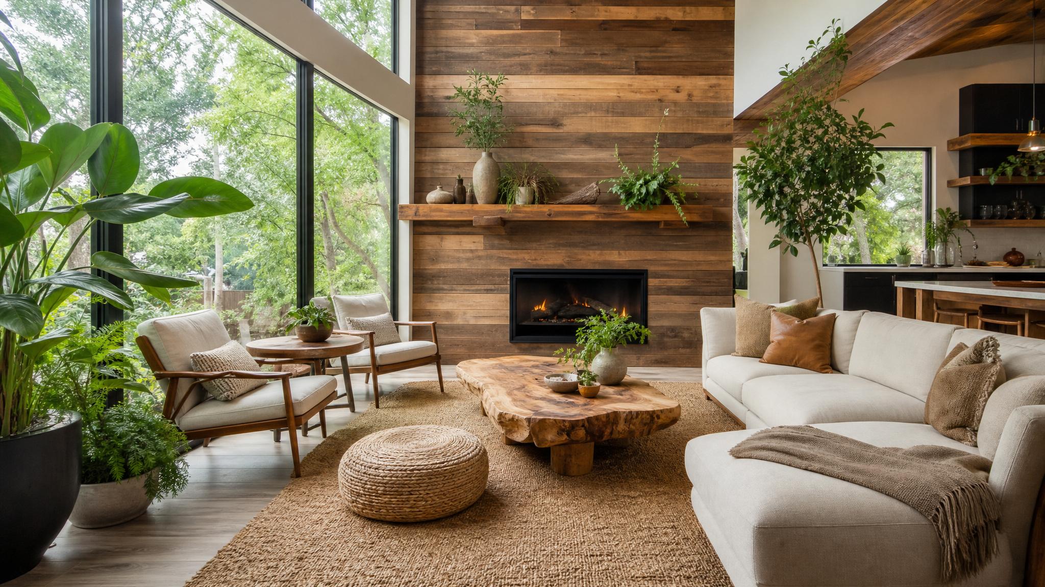 Cozy accessories in a biophilic living room