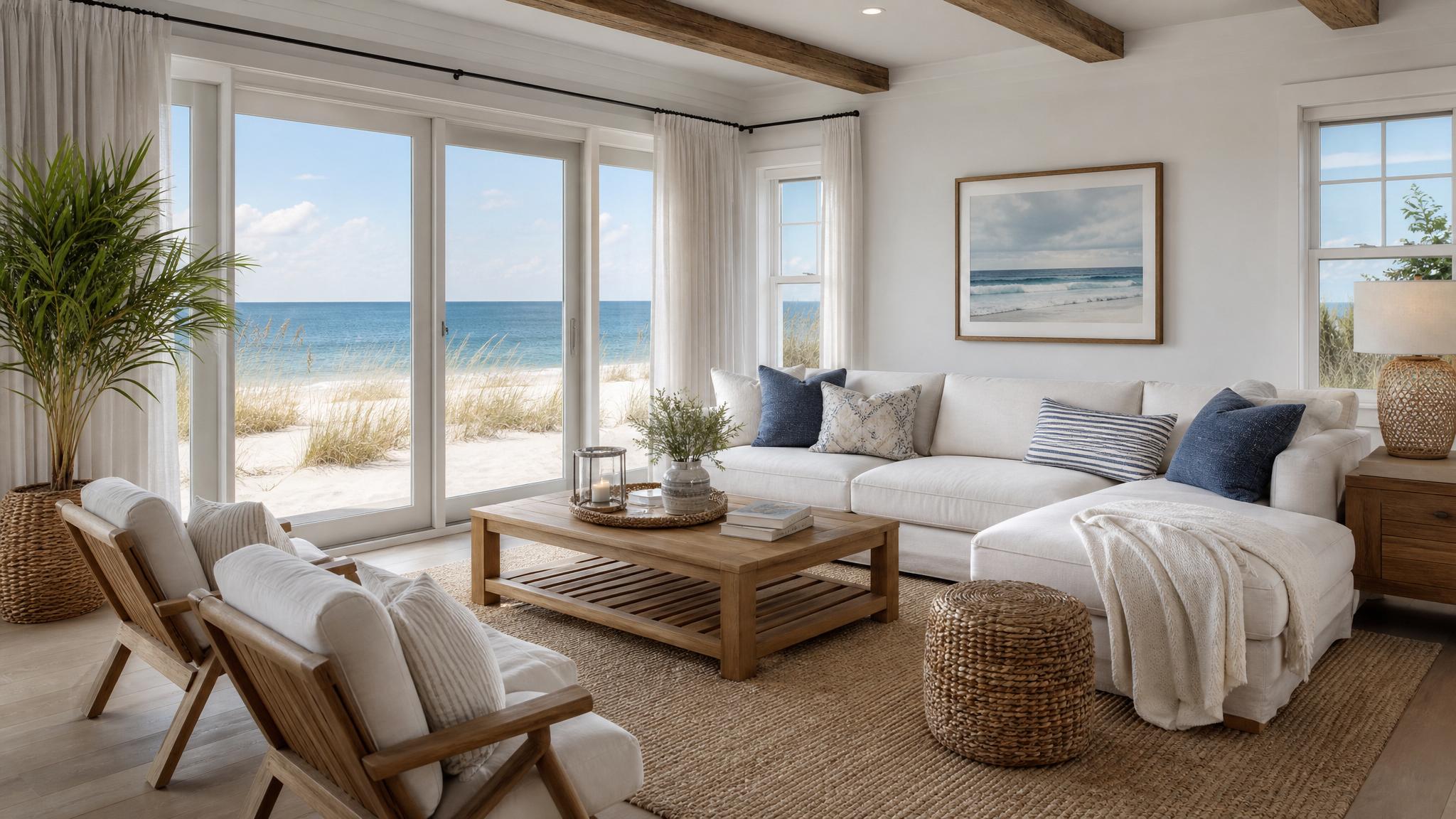 Coastal living room setup with final touches