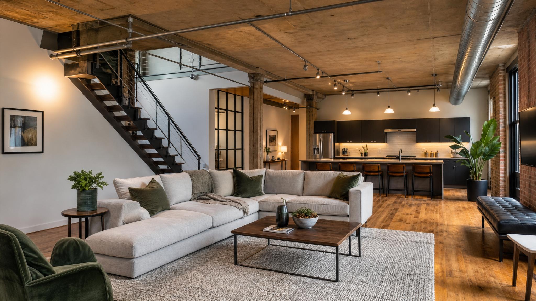A beautifully staged urban loft living room with open space and industrial decor.