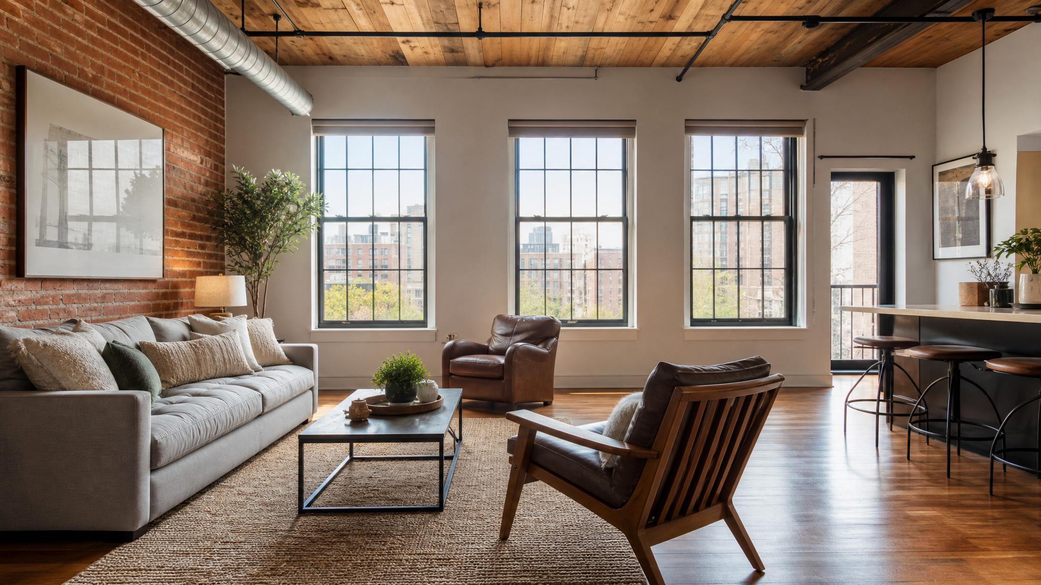An example of a cozy, well-lit urban loft living room.