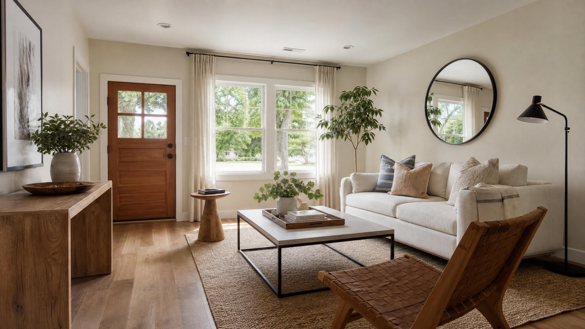 Beautifully lit small living room with natural light