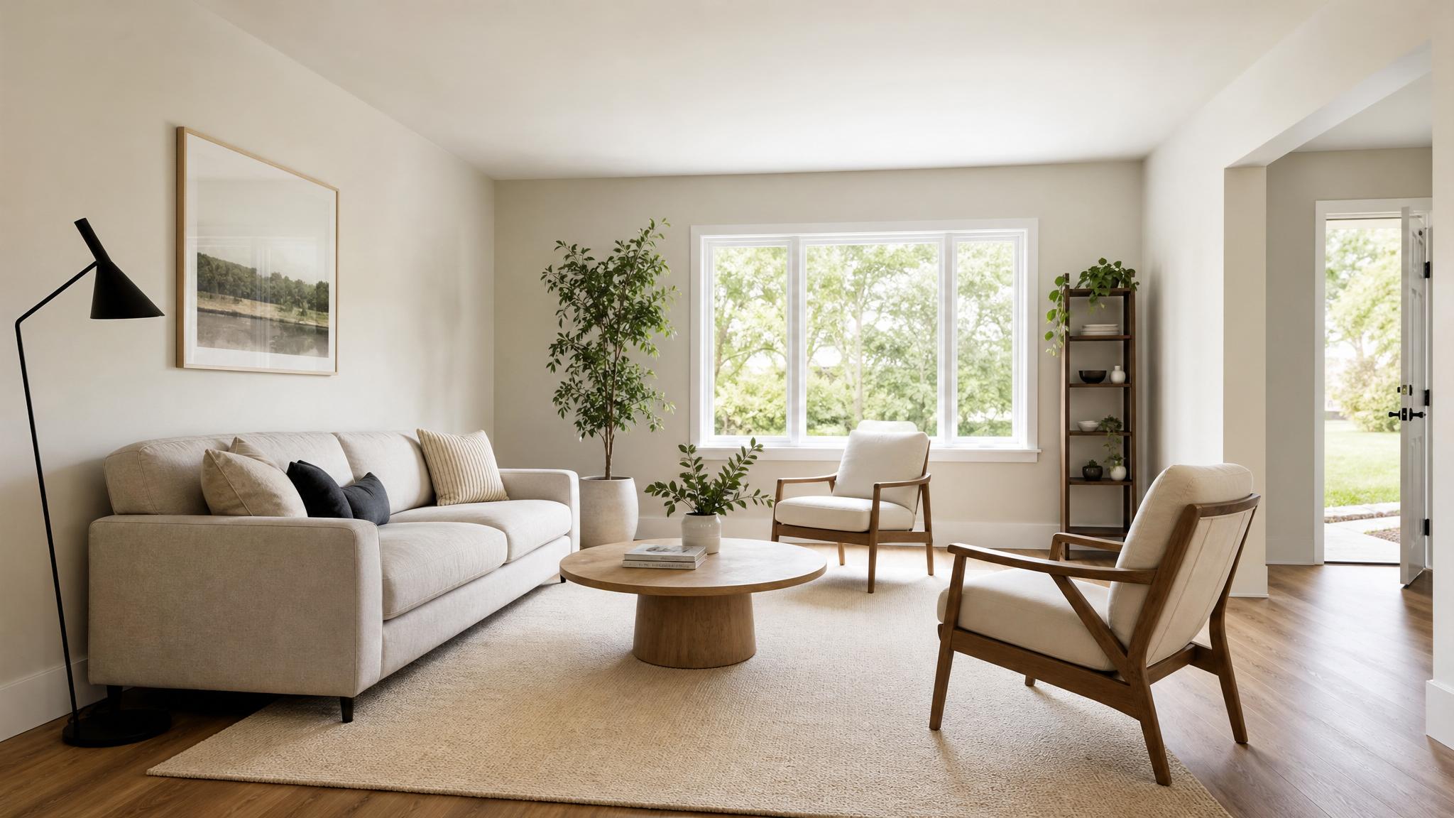 Decluttered small living room ready for photography