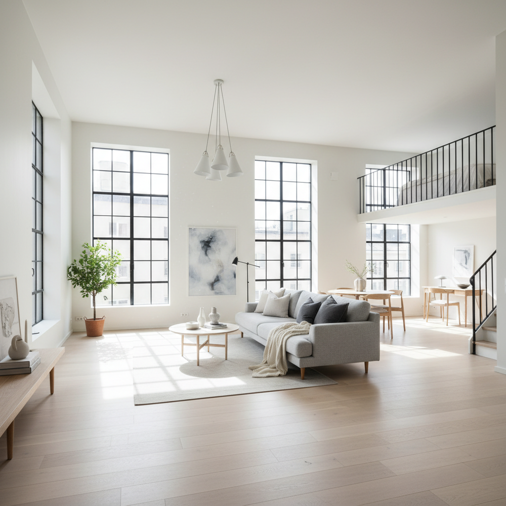 A bright, airy Scandinavian loft interior showcasing minimalistic furniture and natural lighting.