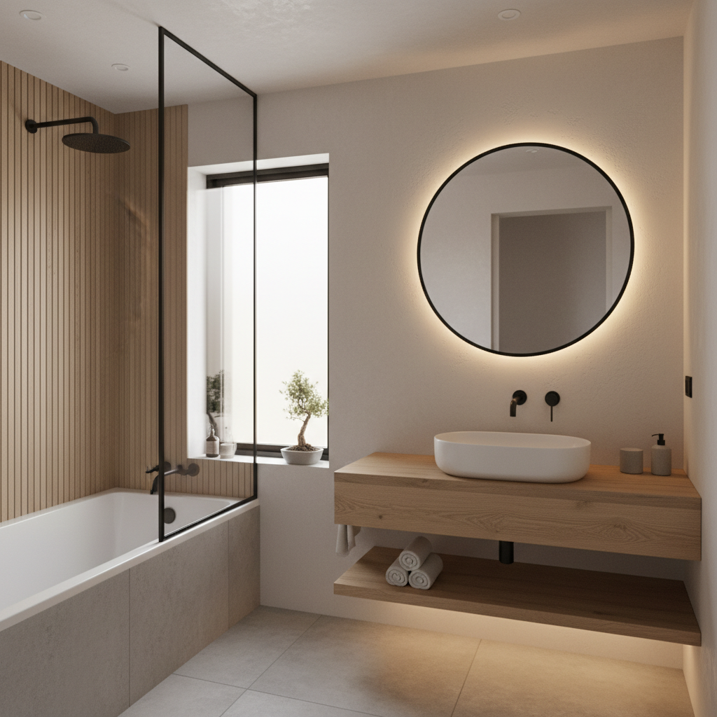 A beautifully designed Japandi small bathroom showcasing neutral colors and minimalistic features.