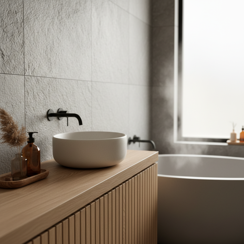 Close up of natural materials like wood and stone used in a small Japandi bathroom.