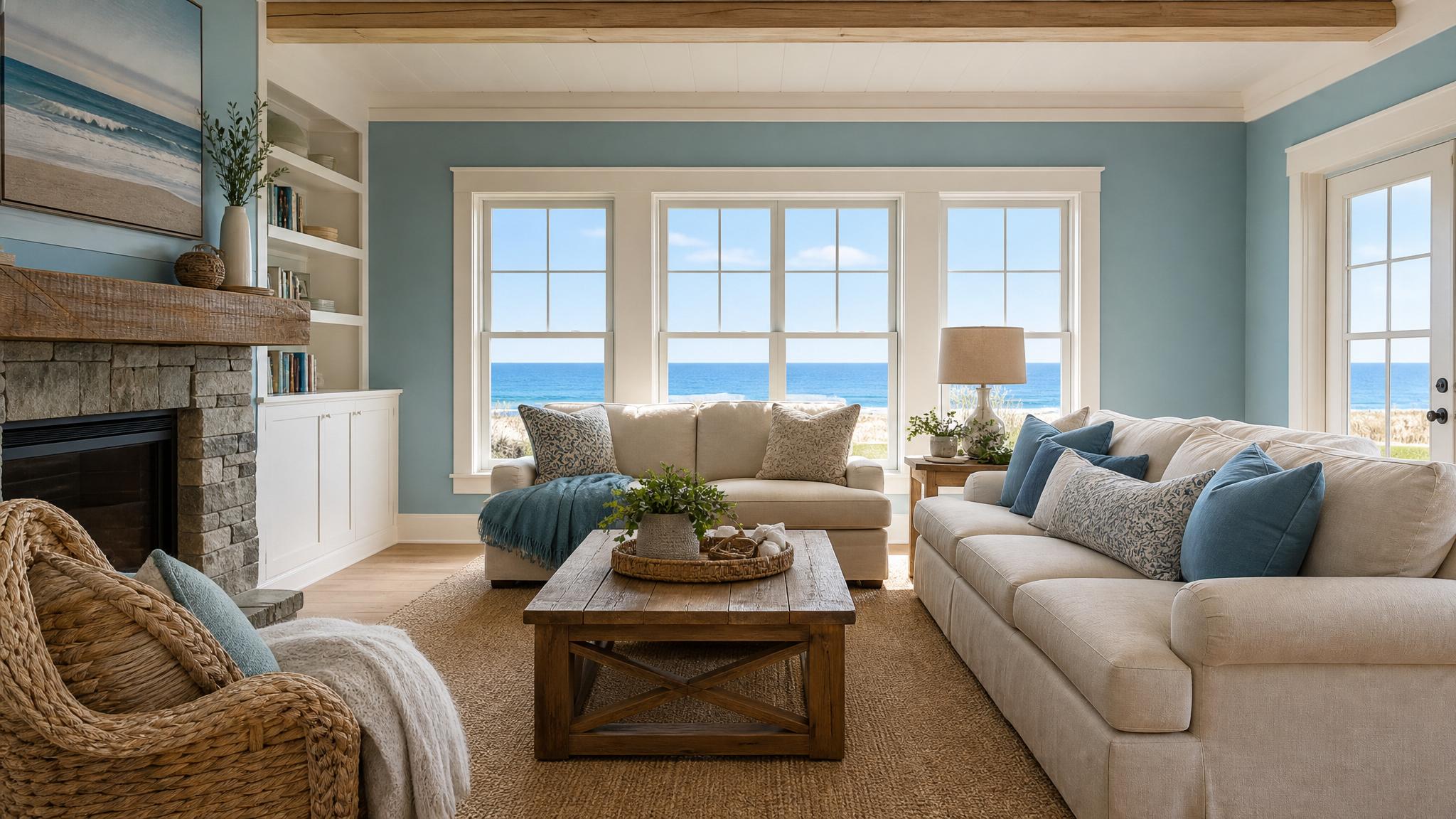Living room featuring Ocean Blue and Sandy Beige combination