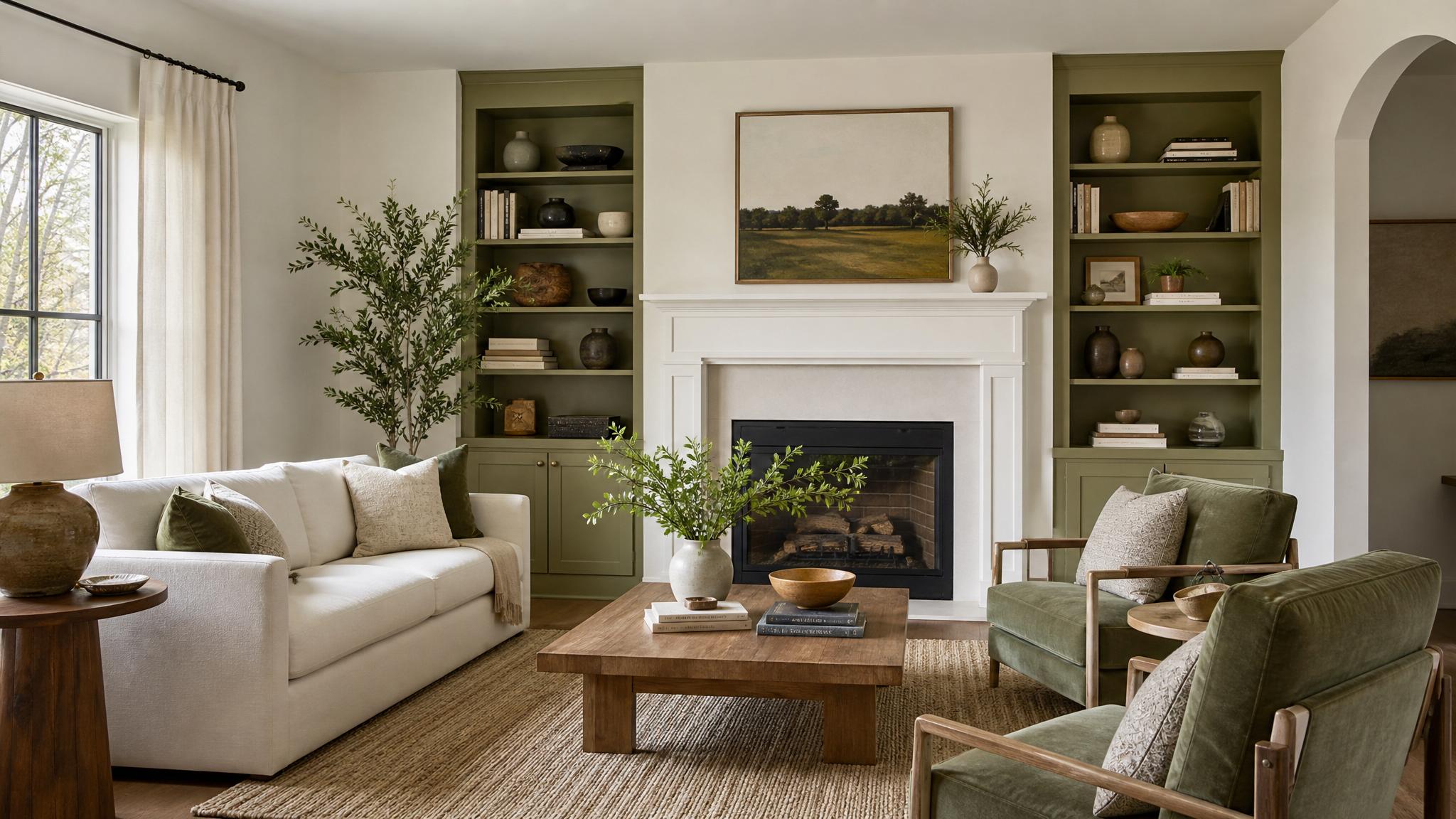 Living room showcasing Olive Green and Soft White palette