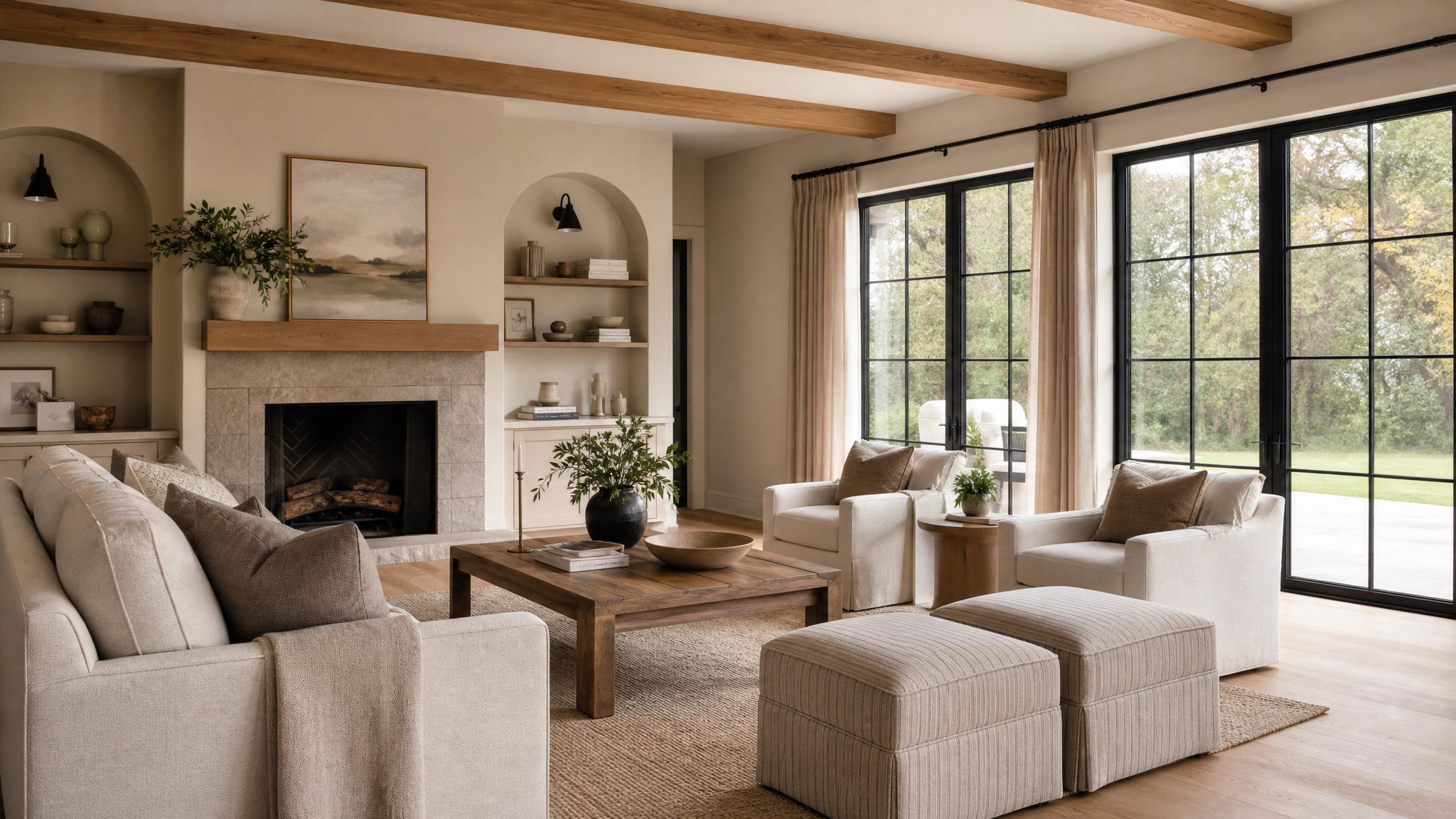 A cozy living room featuring muted taupe walls and cream furnishings
