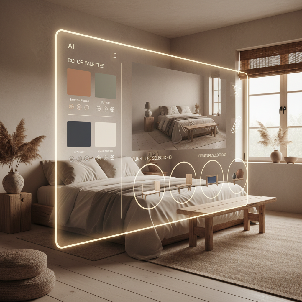 An AI interface showcasing options for wabi-sabi bedroom design, with curated color palettes and furniture selections.