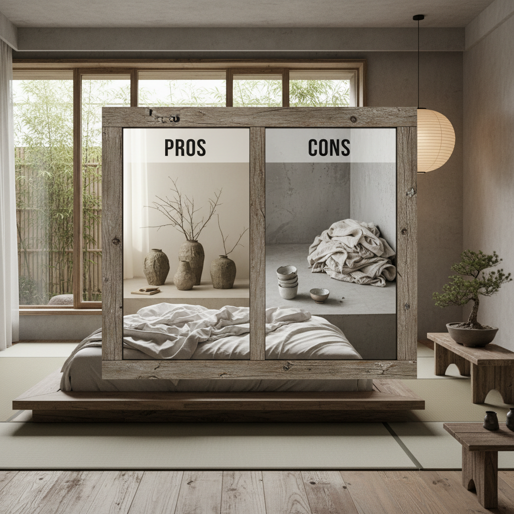 Comparison chart of pros and cons for adopting a wabi-sabi design approach in your master bedroom.