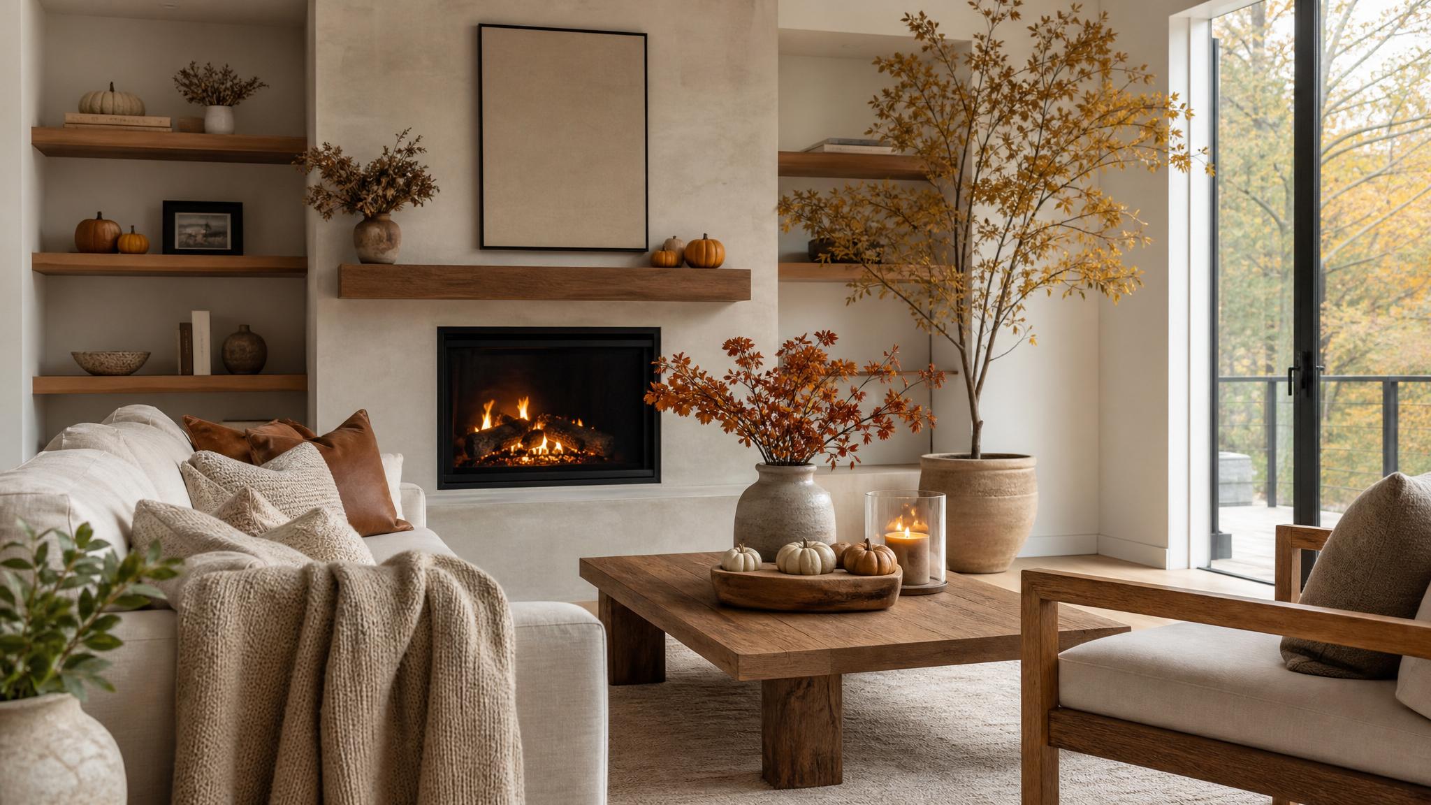 A minimalist living room styled with autumn decorations, featuring neutral colors and cozy elements.