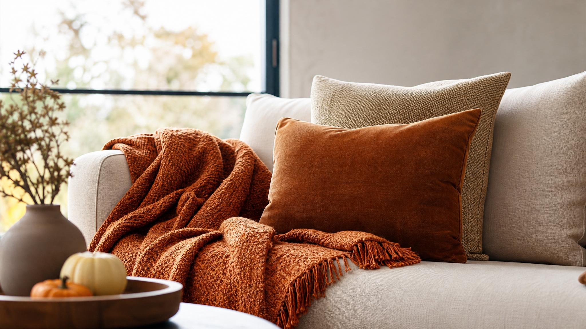 A close-up of autumn textiles—throws, cushions in minimalist living room.