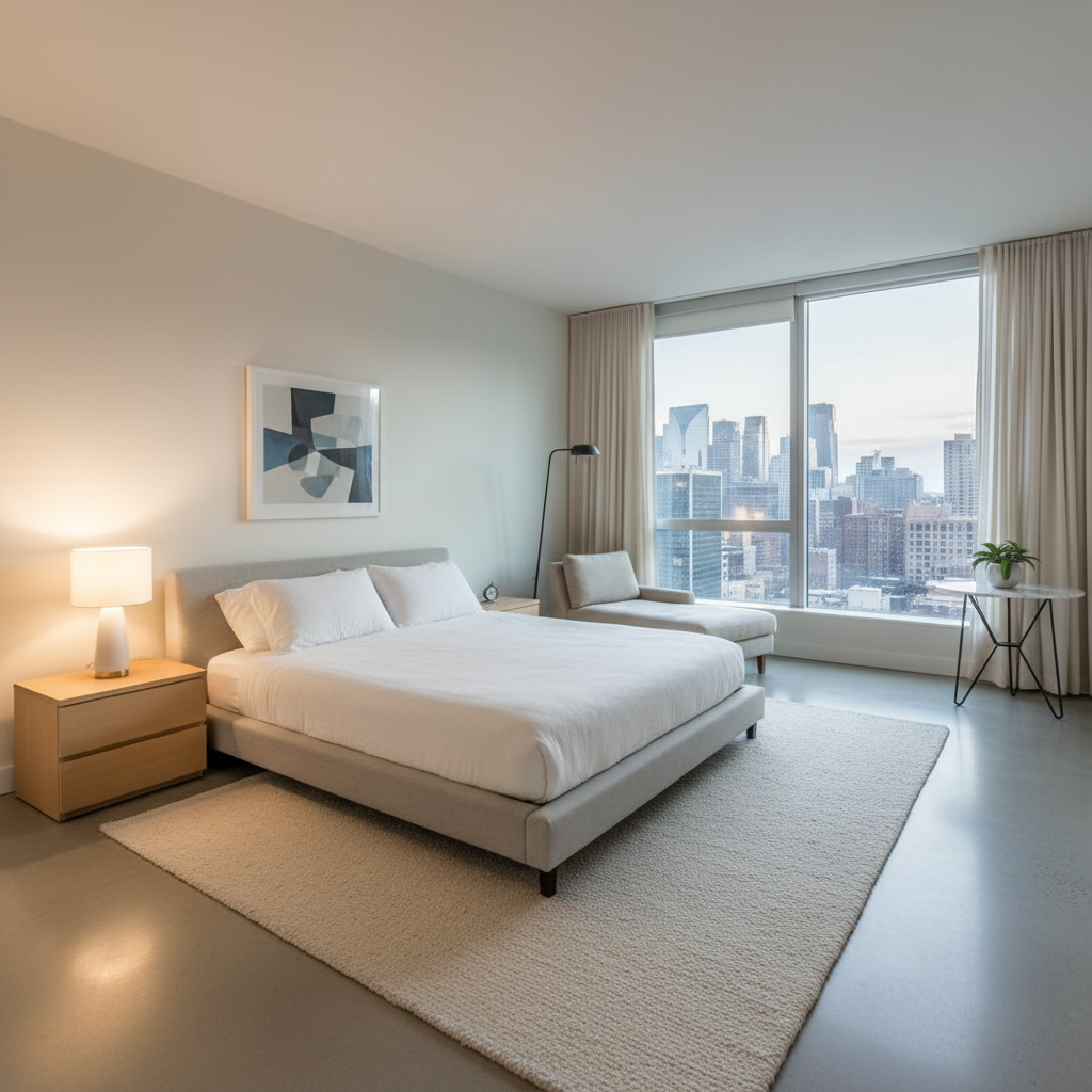 A layout of a modern bedroom emphasizing open space and minimalist furniture.
