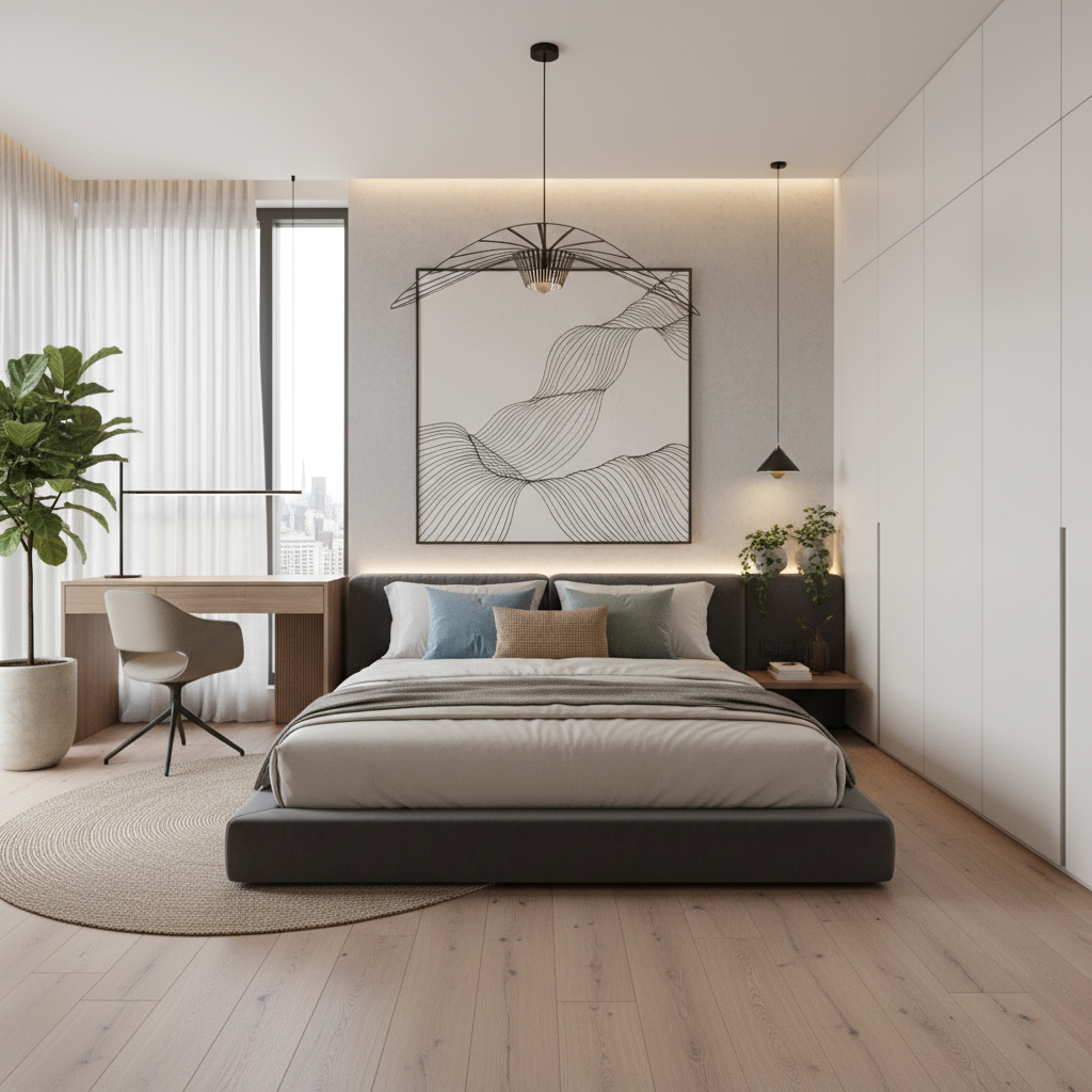 An actual modern bedroom design showcasing the results of AI prompts.