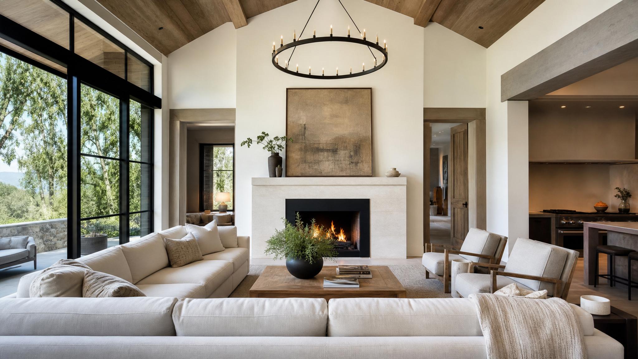 A serene luxury living room with neutral tones