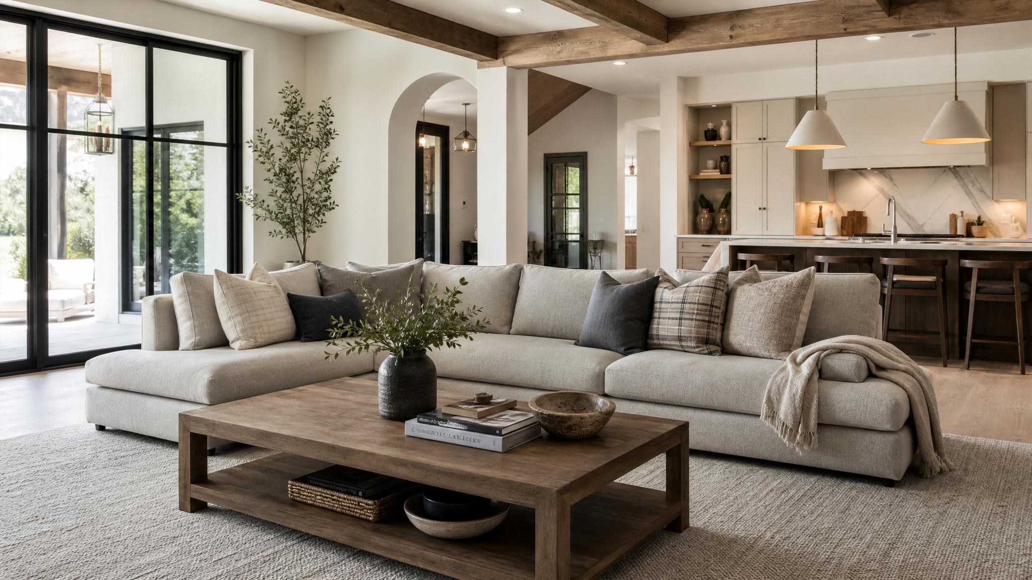 Stylish sectional sofa arranged in a spacious living room