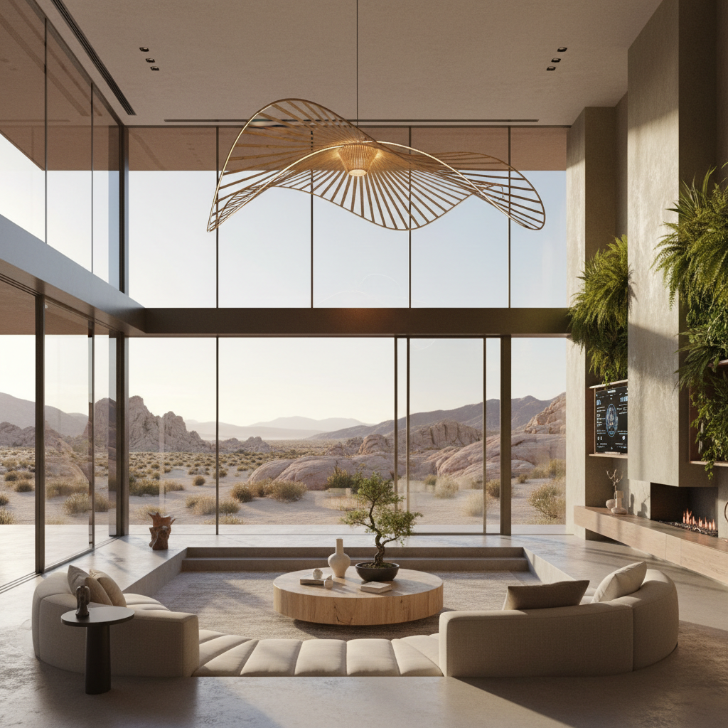Futuristic rendering of a California modern open-plan living room, featuring large windows and natural elements
