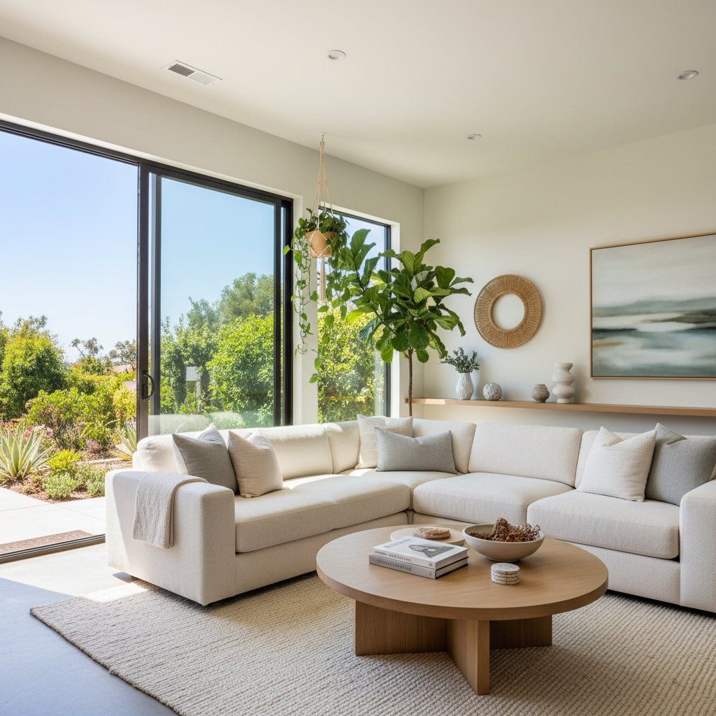 Cozy corner of a California modern open-plan living room with plants and light colors